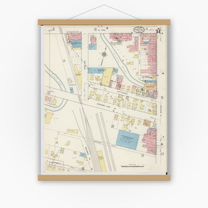 Old map wall art mockup — magnetic wood frame on white wall — Sanborn Fire Insurance Map from Pontiac, Oakland County, Michigan (1915), Sheet #0014