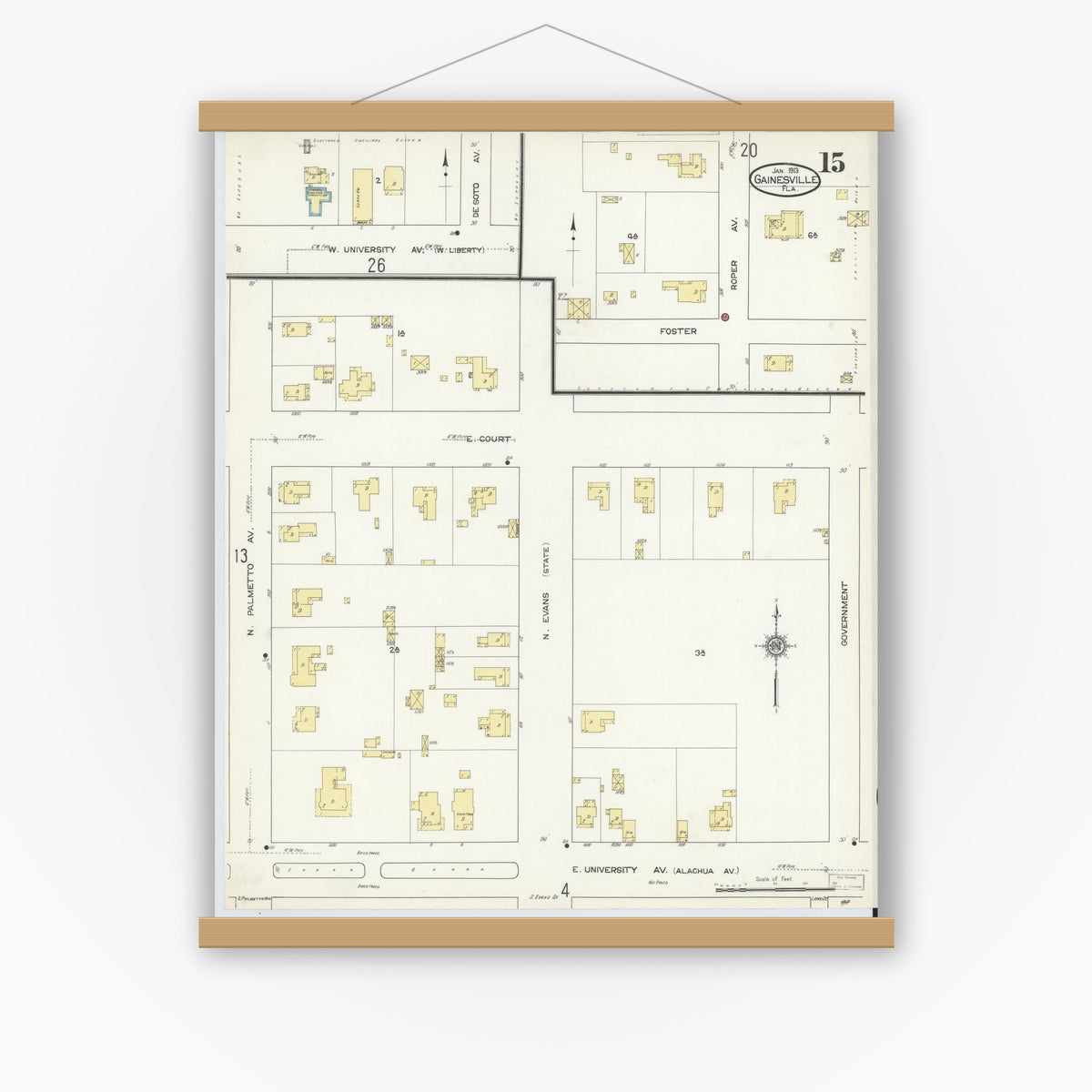 Old map wall art mockup — magnetic wood frame on white wall — Sanborn Fire Insurance Map from Gainesville, Alachua County, Florida (1913), Sheet #0015