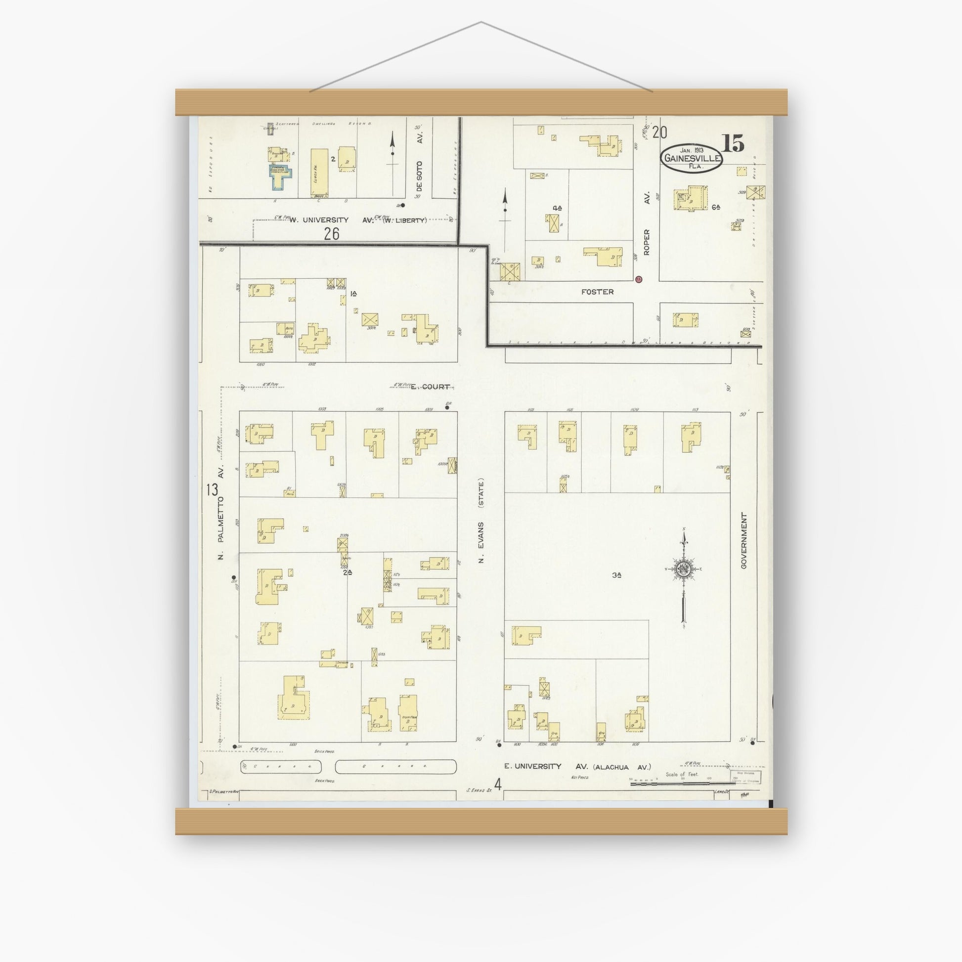 Old map wall art mockup — magnetic wood frame on white wall — Sanborn Fire Insurance Map from Gainesville, Alachua County, Florida (1913), Sheet #0015