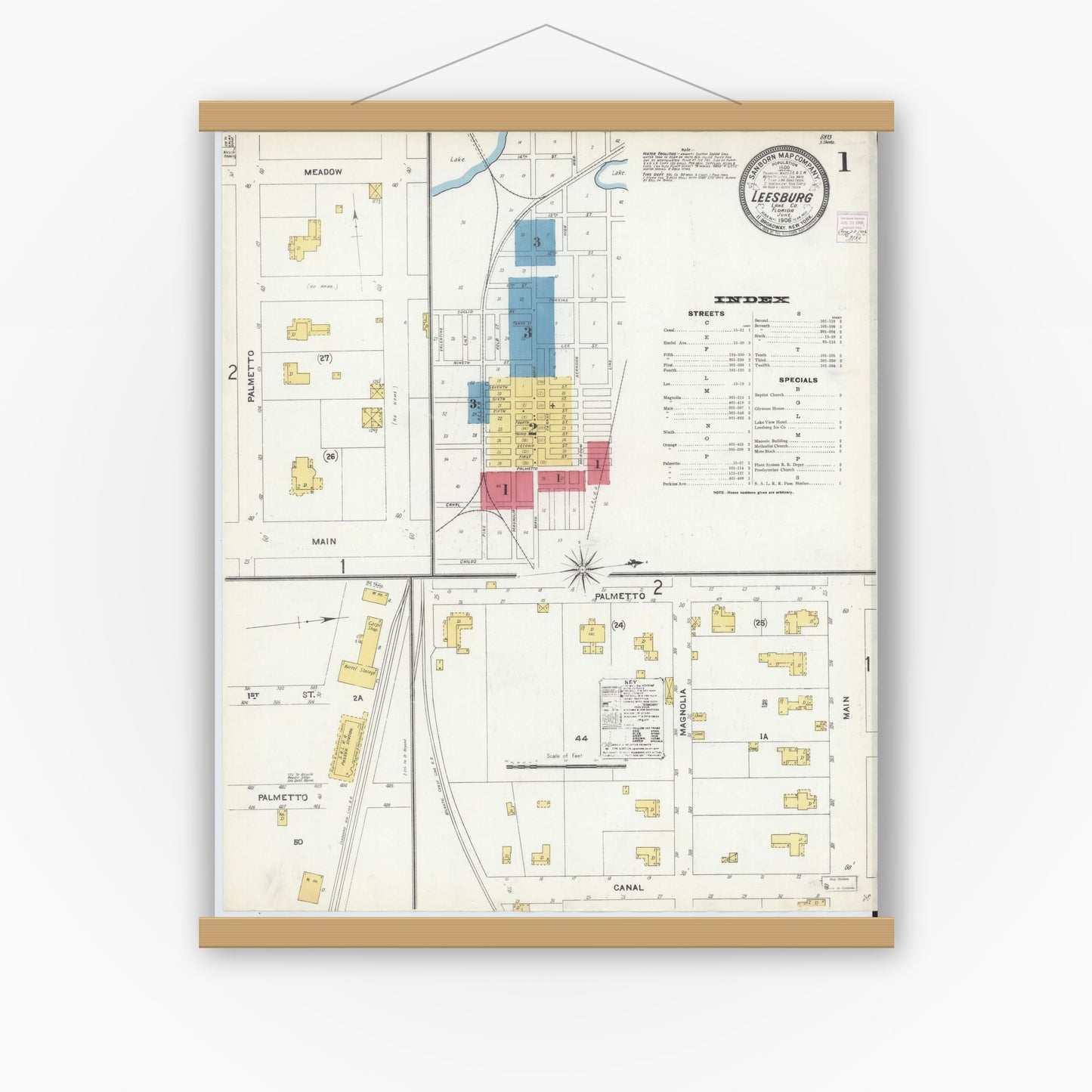 Old map wall art mockup — magnetic wood frame on white wall — Sanborn Fire Insurance Map from Leesburg, Lake County, Florida (1906), Sheet #0001
