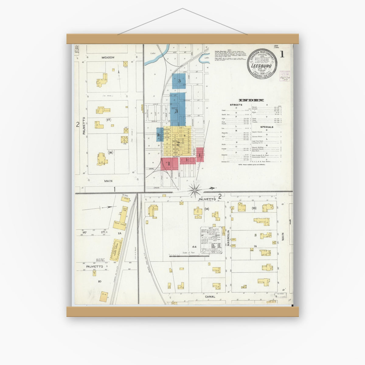 Old map wall art mockup — magnetic wood frame on white wall — Sanborn Fire Insurance Map from Leesburg, Lake County, Florida (1906), Sheet #0001