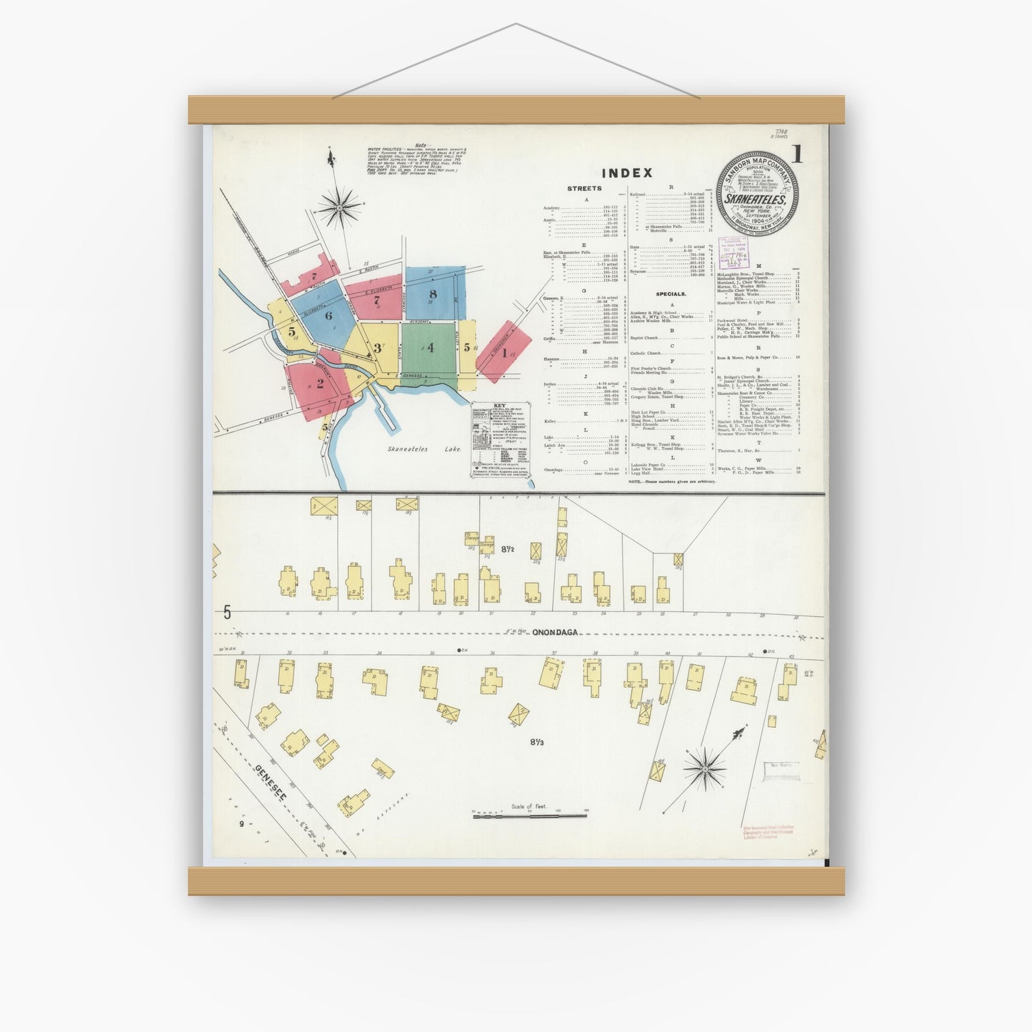 Old map wall art mockup — magnetic wood frame on white wall — Sanborn Fire Insurance Map from Skaneateles, Onondaga County, New York (1904), Sheet #0001