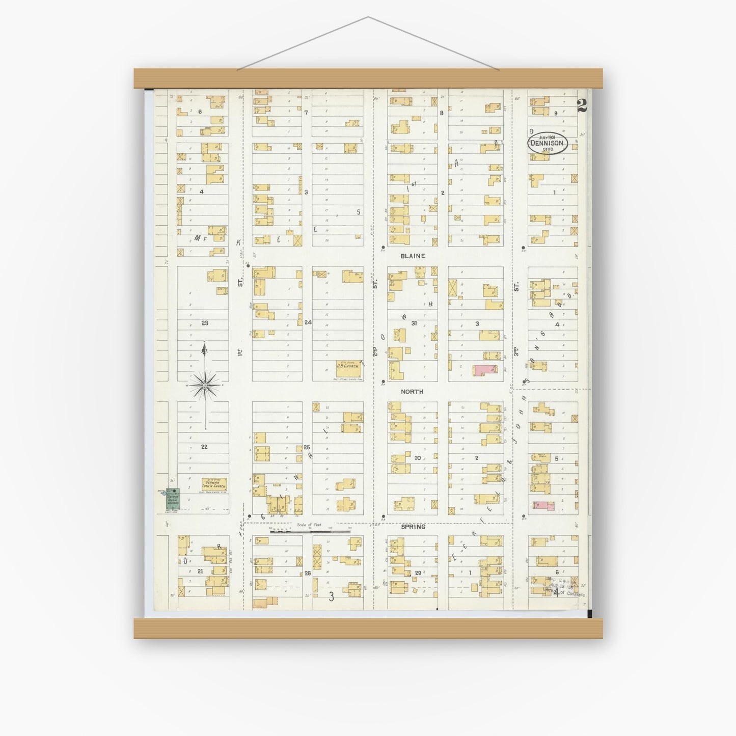 Old map wall art mockup — magnetic wood frame on white wall — Sanborn Fire Insurance Map from Dennison, Tuscarawas County, Ohio (1901), Sheet #0002