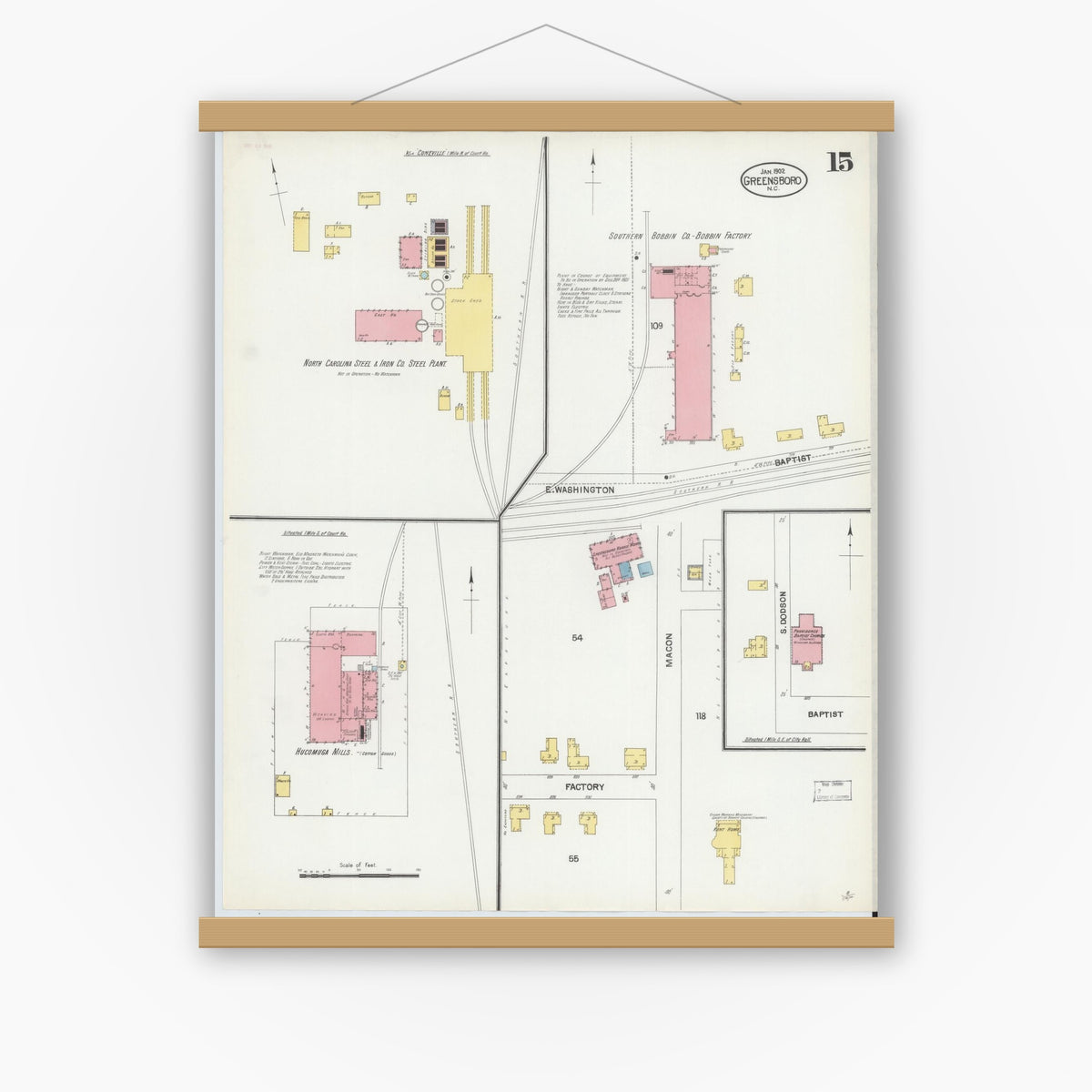 Old map wall art mockup — magnetic wood frame on white wall — Sanborn Fire Insurance Map from Greensboro, Guilford County, North Carolina (1902), Sheet #0015