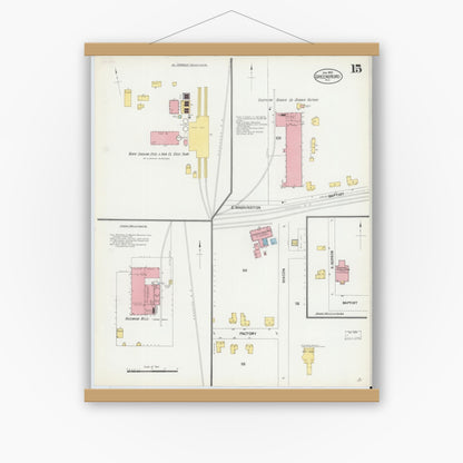 Old map wall art mockup — magnetic wood frame on white wall — Sanborn Fire Insurance Map from Greensboro, Guilford County, North Carolina (1902), Sheet #0015