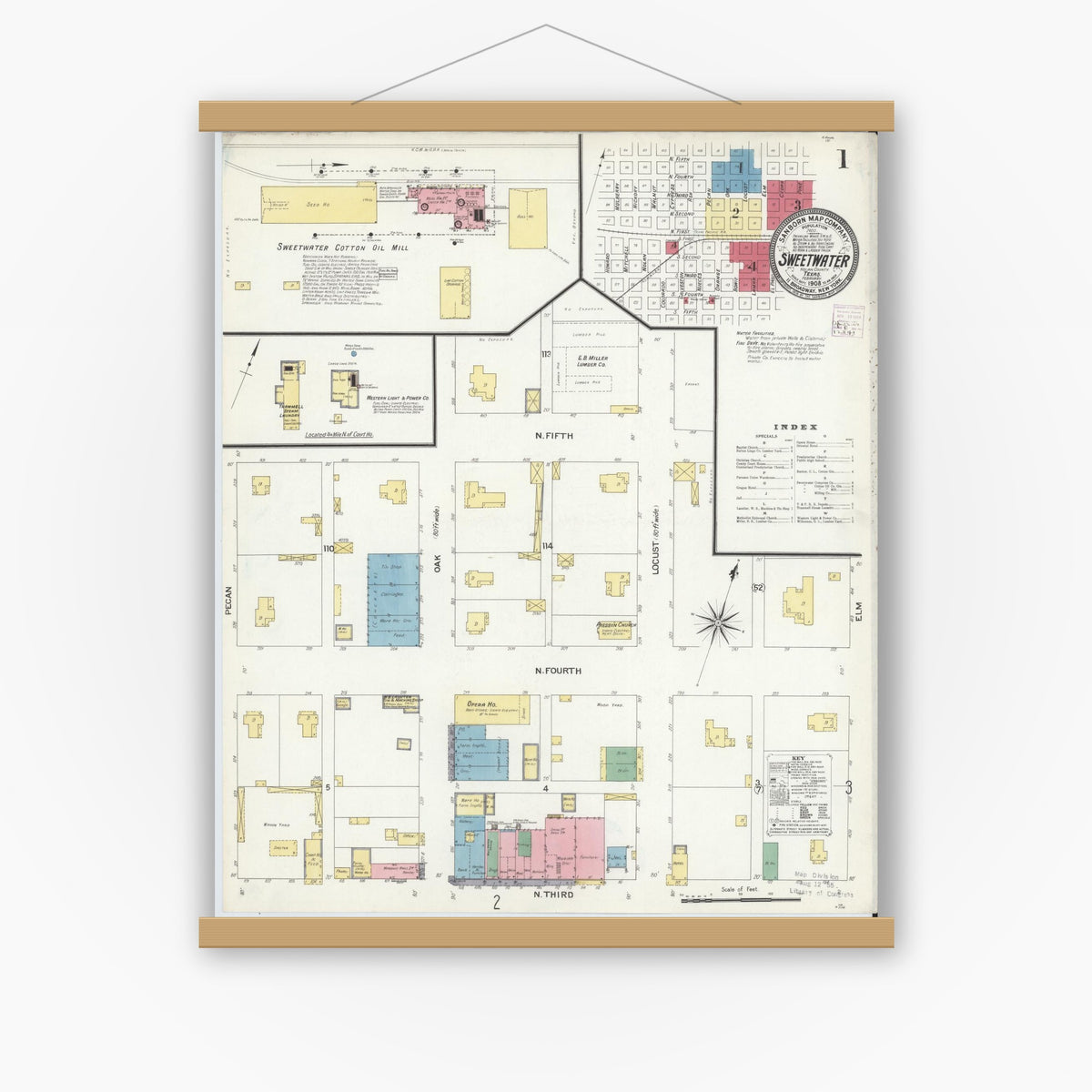 Old map wall art mockup — magnetic wood frame on white wall — Sanborn Fire Insurance Map from Sweetwater, Nolan County, Texas (1908) - Complete Map Set