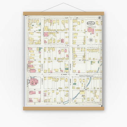 Old map wall art mockup — magnetic wood frame on white wall — Sanborn Fire Insurance Map from Mansfield, Richland County, Ohio (1892), Sheet #0003