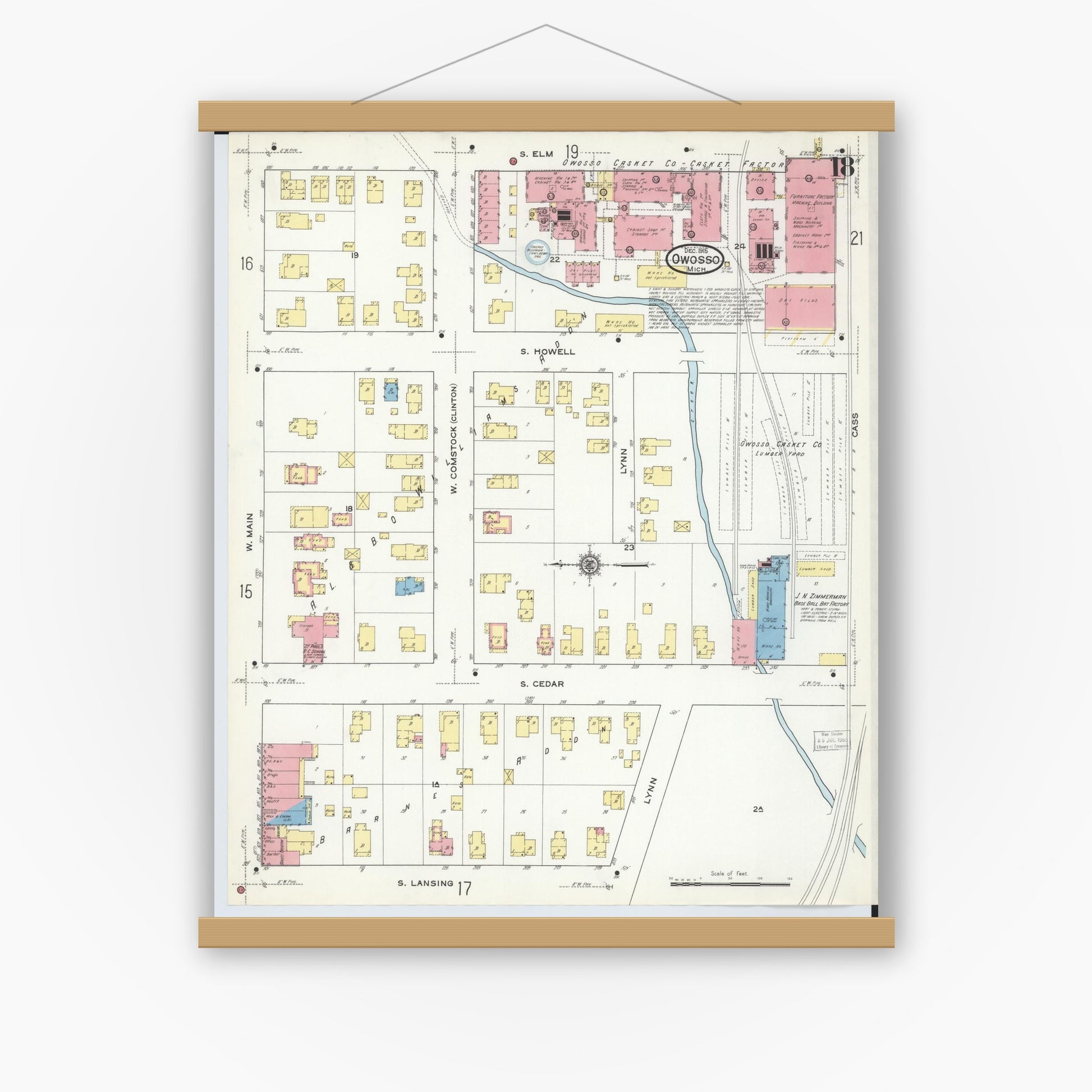 Old map wall art mockup — magnetic wood frame on white wall — Sanborn Fire Insurance Map from Owosso, Shiawassee County, Michigan (1915), Sheet #0018