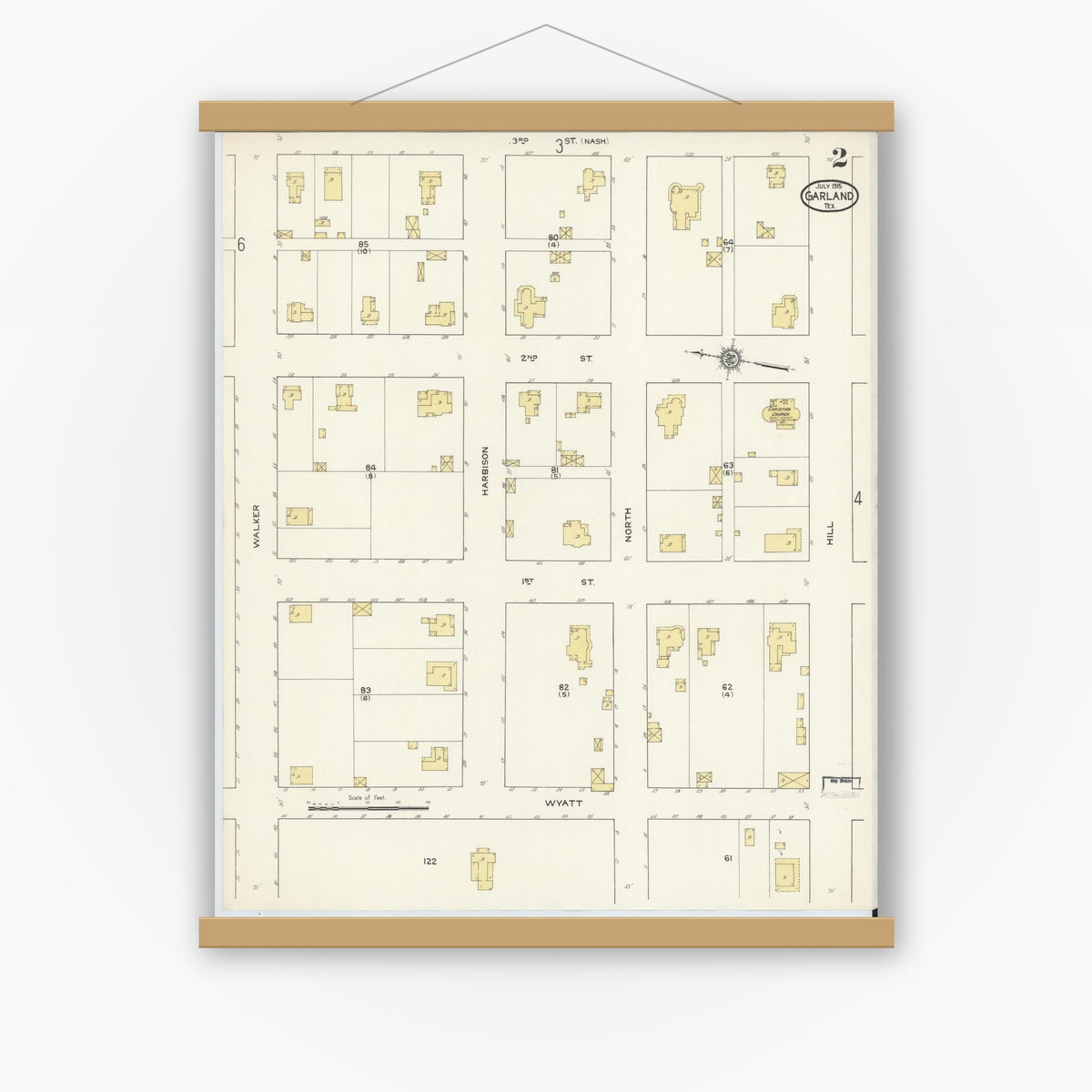 Old map wall art mockup — magnetic wood frame on white wall — Sanborn Fire Insurance Map from Garland, Dallas County, Texas (1915), Sheet #0002