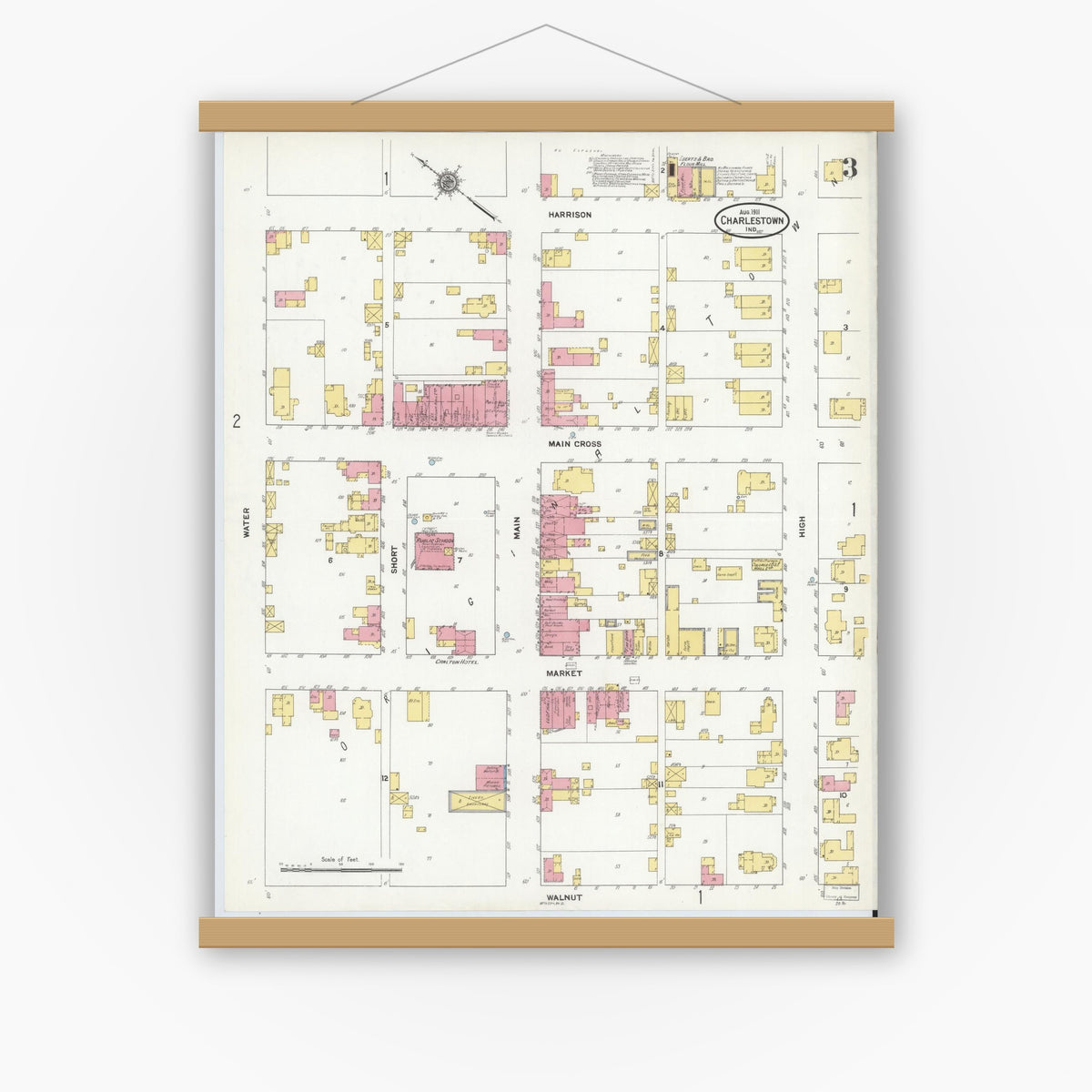 Old map wall art mockup — magnetic wood frame on white wall — Sanborn Fire Insurance Map from Charlestown, Clark County, Indiana (1911), Sheet #0003