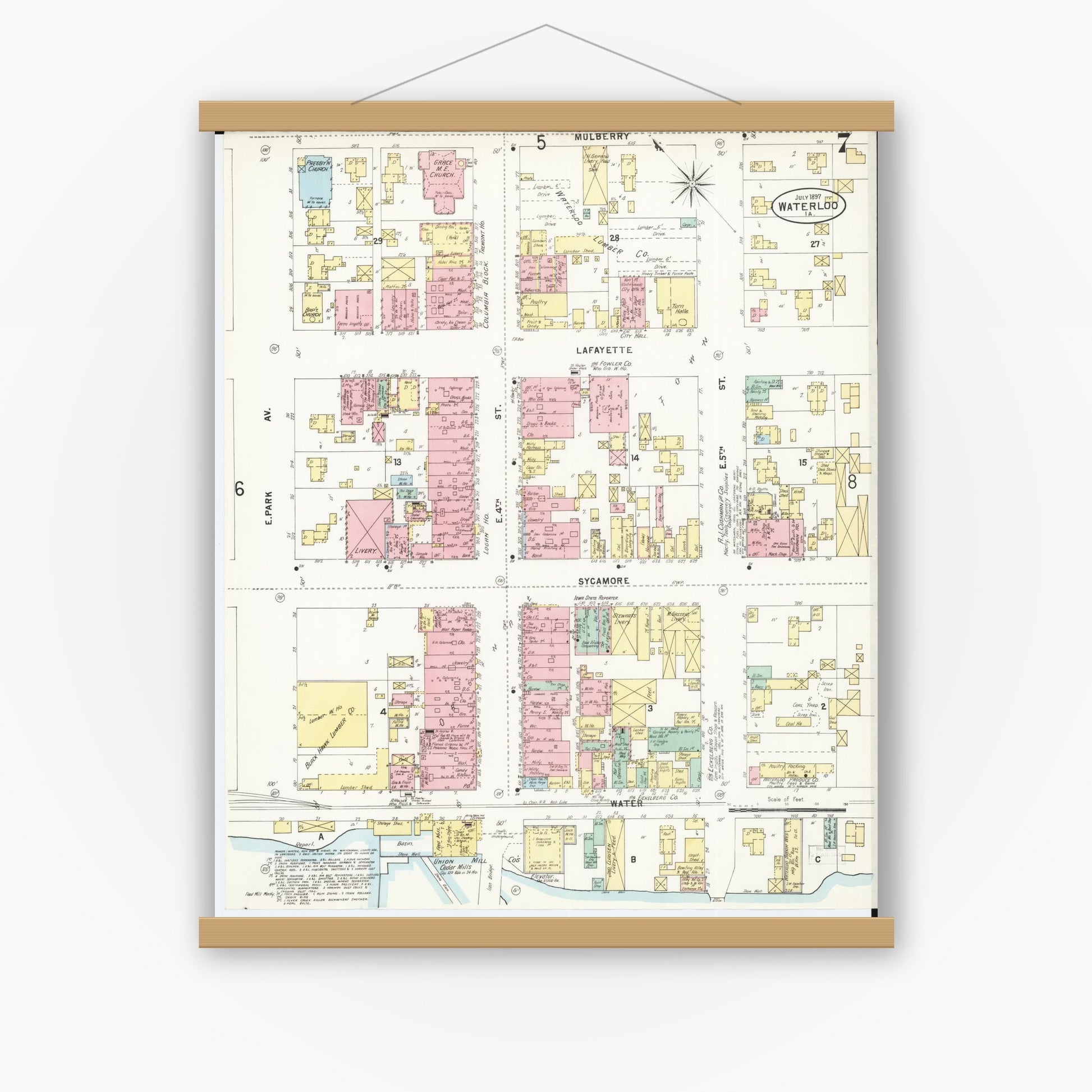 Old map wall art mockup — magnetic wood frame on white wall — Sanborn Fire Insurance Map from Waterloo, Black Hawk County, Iowa (1897), Sheet #0007
