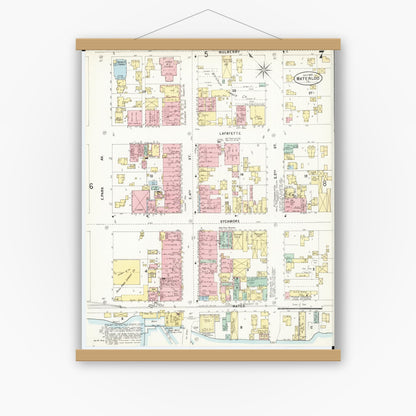 Old map wall art mockup — magnetic wood frame on white wall — Sanborn Fire Insurance Map from Waterloo, Black Hawk County, Iowa (1897), Sheet #0007