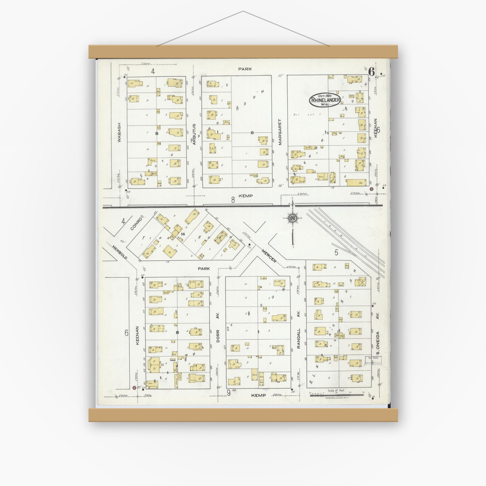 Old map wall art mockup — magnetic wood frame on white wall — Sanborn Fire Insurance Map from Rhinelander, Oneida County, Wisconsin (1920), Sheet #0006
