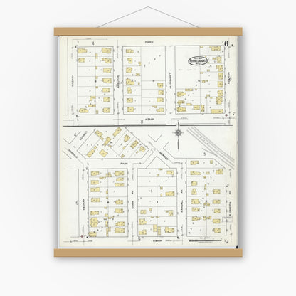 Old map wall art mockup — magnetic wood frame on white wall — Sanborn Fire Insurance Map from Rhinelander, Oneida County, Wisconsin (1920), Sheet #0006
