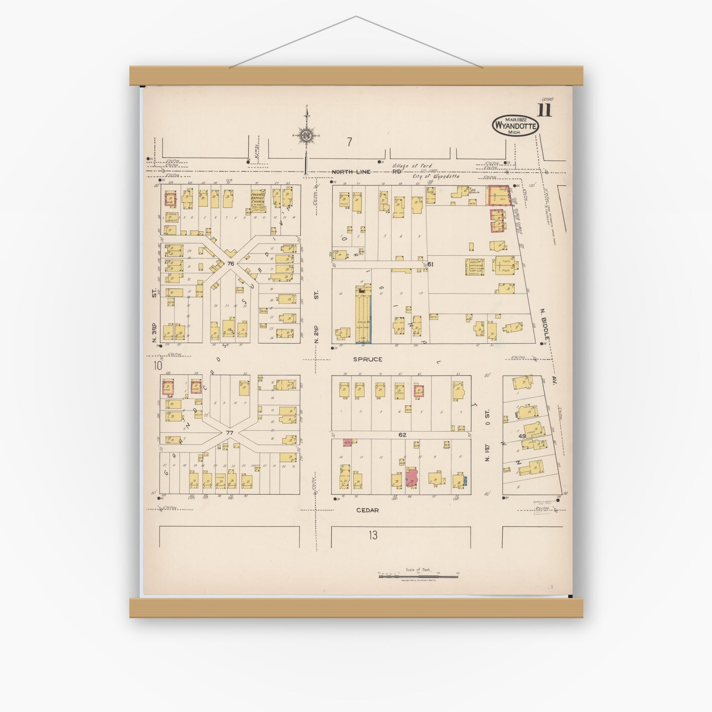Old map wall art mockup — magnetic wood frame on white wall — Sanborn Fire Insurance Map from Wyandotte, Wayne County, Michigan (1922), Sheet #0011