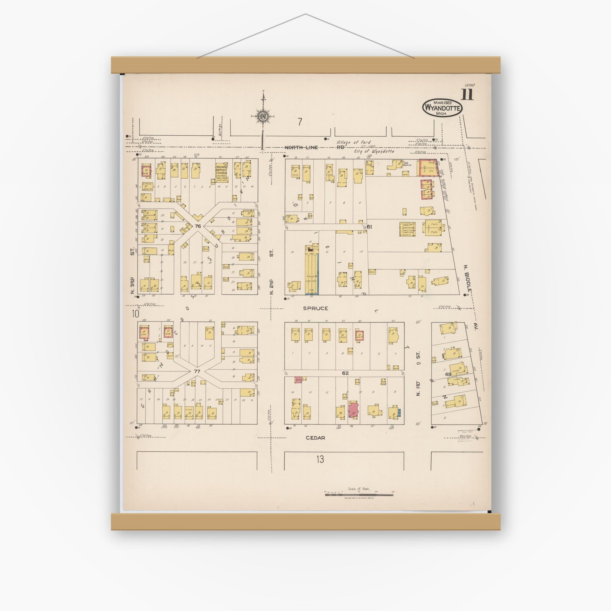 Old map wall art mockup — magnetic wood frame on white wall — Sanborn Fire Insurance Map from Wyandotte, Wayne County, Michigan (1922), Sheet #0011