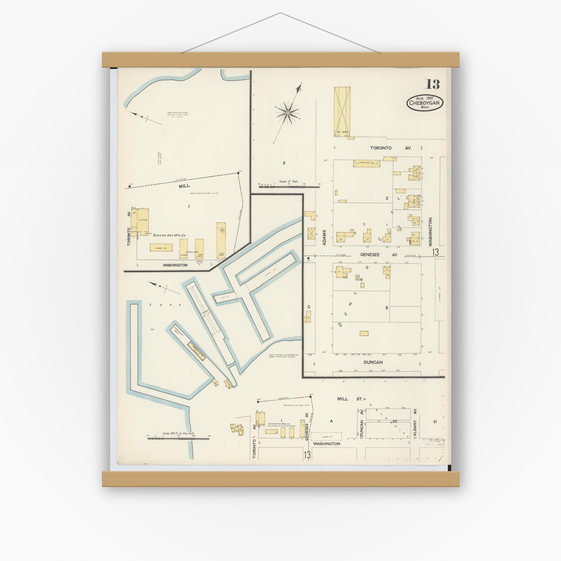 Old map wall art mockup — magnetic wood frame on white wall — Sanborn Fire Insurance Map from Cheboygan, Cheboygan County, Michigan (1907), Sheet #0013