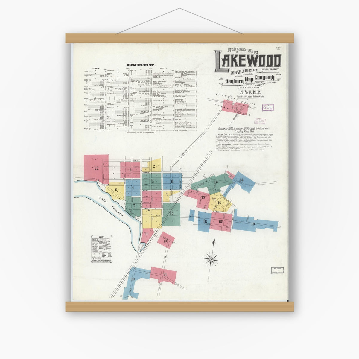 Old map wall art mockup — magnetic wood frame on white wall — Sanborn Fire Insurance Map from Lakewood, Ocean County, New Jersey (1909) - Complete Map Set