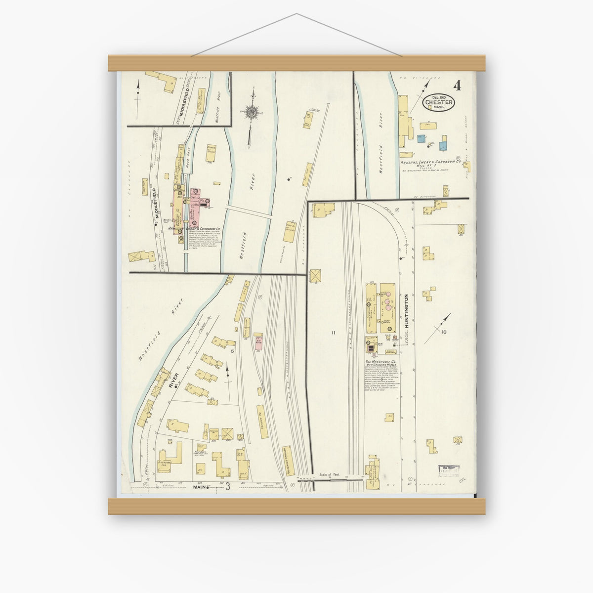 Old map wall art mockup — magnetic wood frame on white wall — Sanborn Fire Insurance Map from Chester, Hampden County, Massachusetts (1910), Sheet #0004