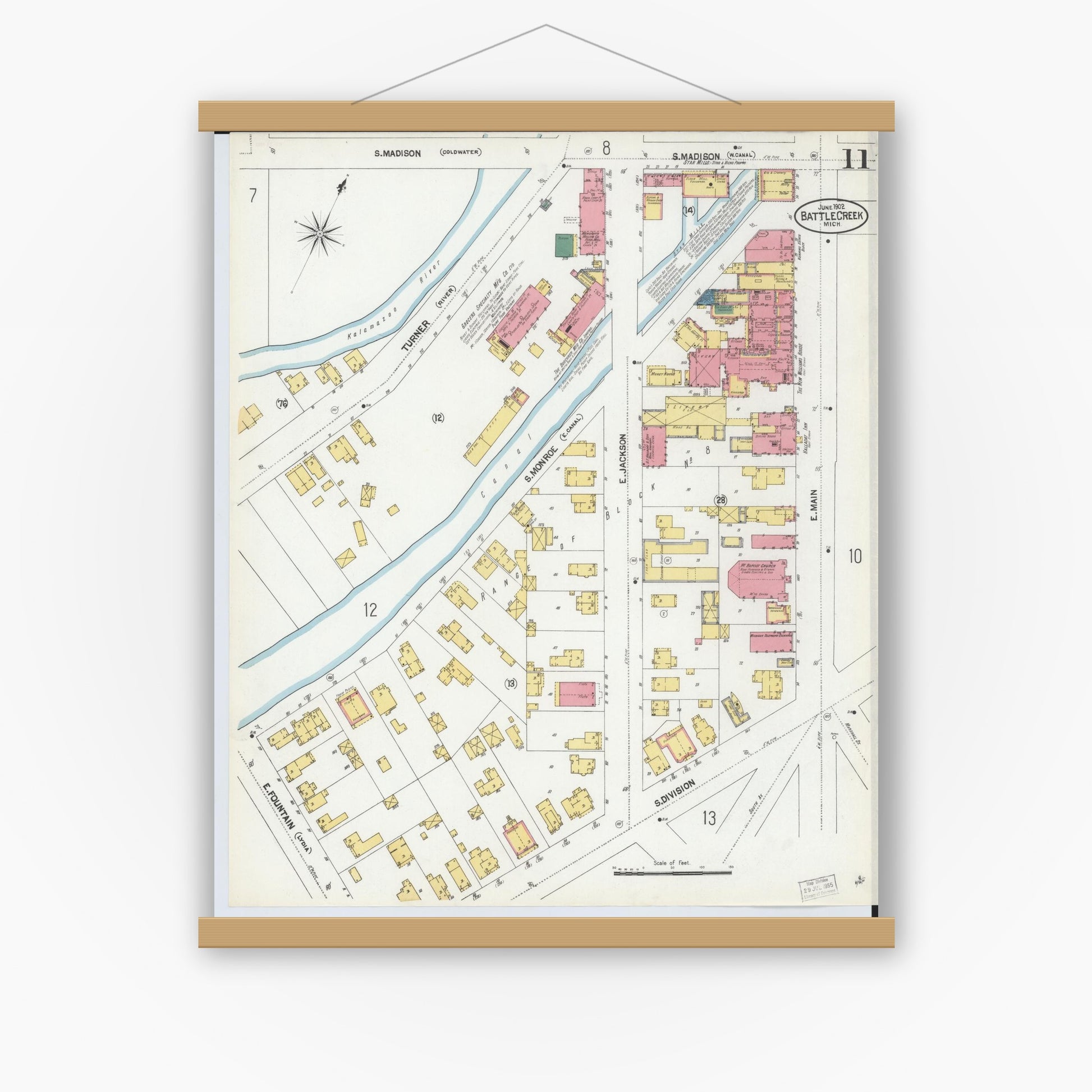 Old map wall art mockup — magnetic wood frame on white wall — Sanborn Fire Insurance Map from Battle Creek, Calhoun County, Michigan (1902), Sheet #0011