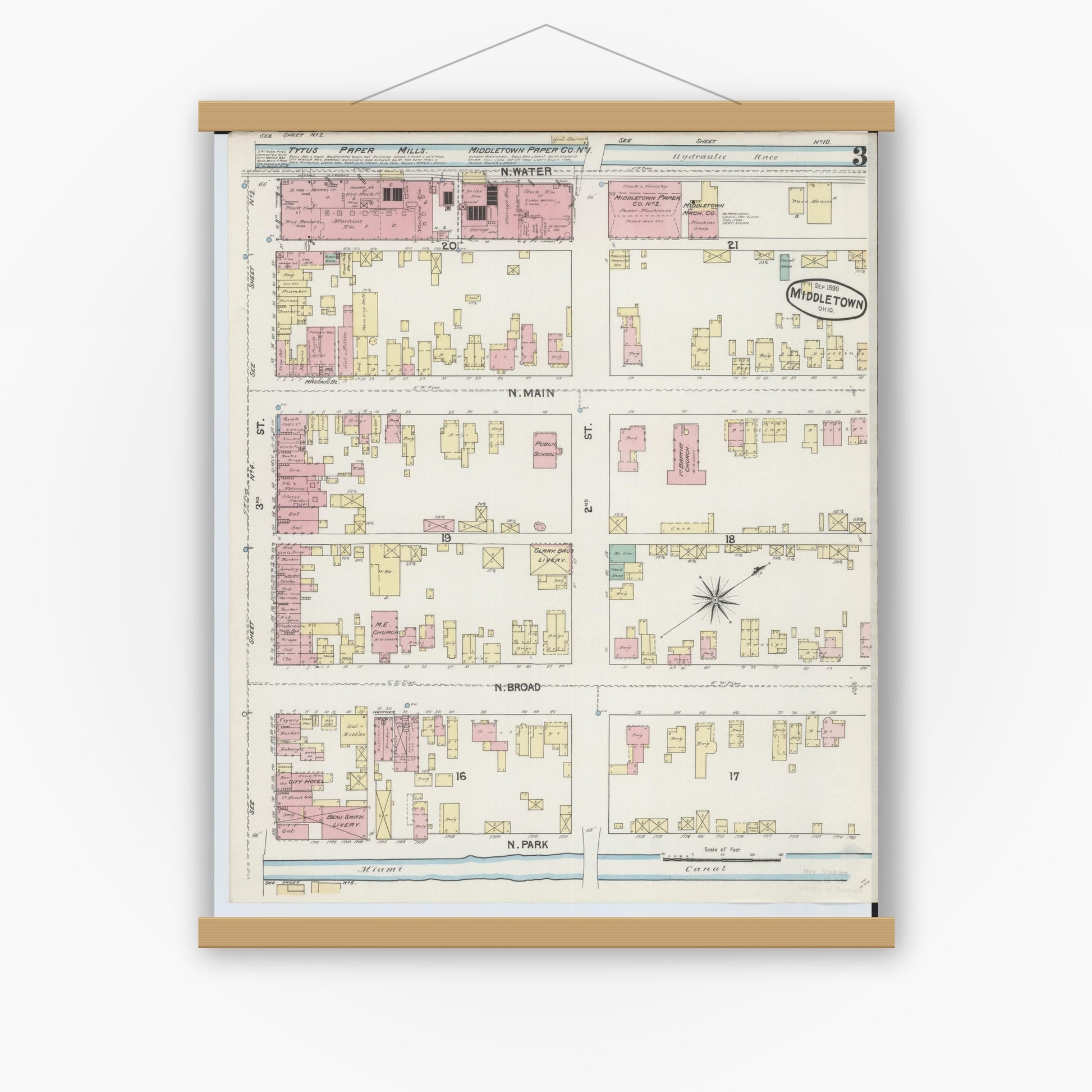 Old map wall art mockup — magnetic wood frame on white wall — Sanborn Fire Insurance Map from Middletown, Butler County, Ohio (1890), Sheet #0003