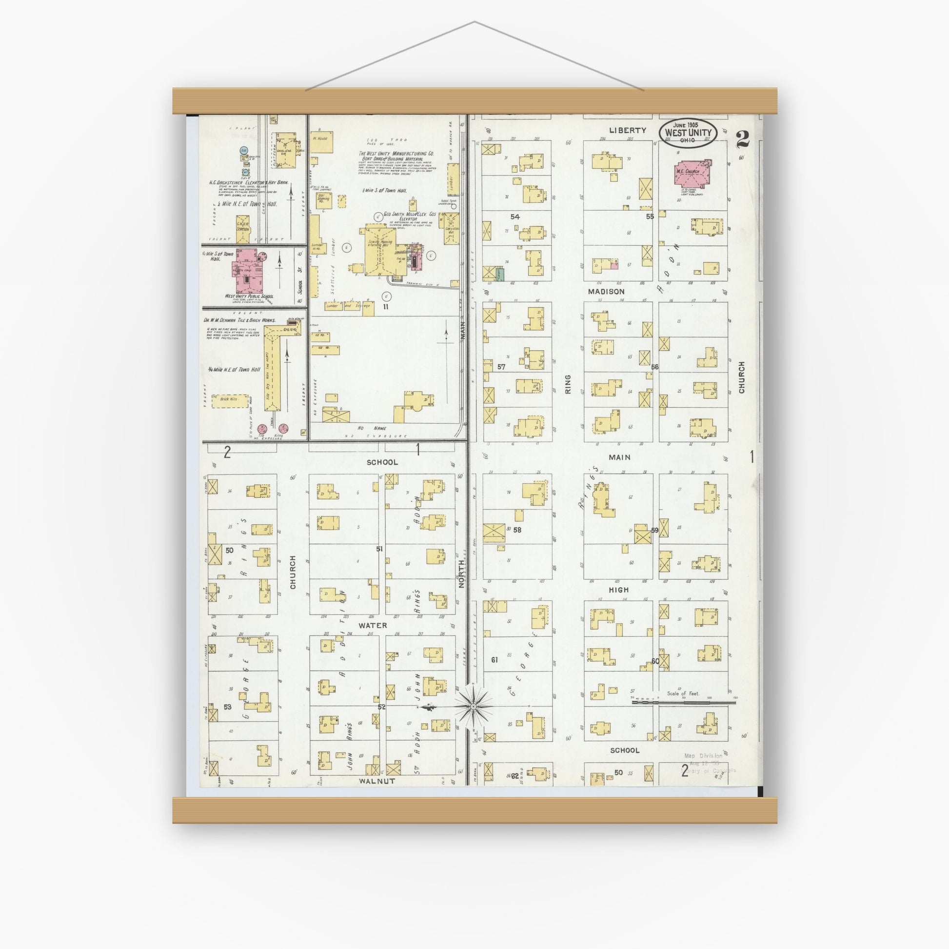 Old map wall art mockup — magnetic wood frame on white wall — Sanborn Fire Insurance Map from West Unity, Williams County, Ohio (1905), Sheet #0002