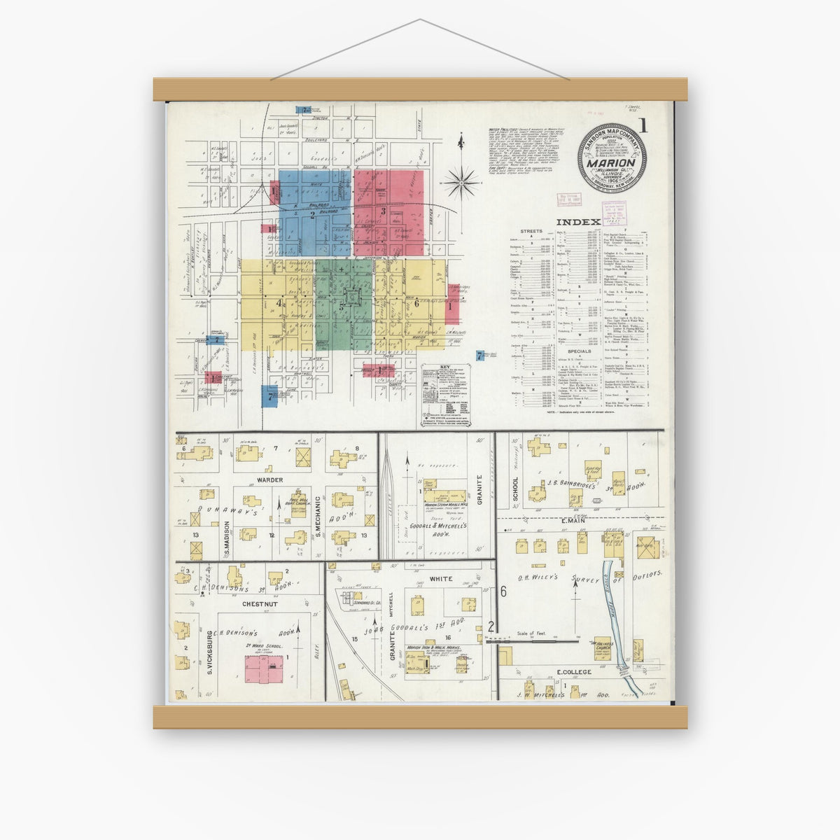 Old map wall art mockup — magnetic wood frame on white wall — Sanborn Fire Insurance Map from Marion, Williamson County, Illinois (1906), Sheet #0001