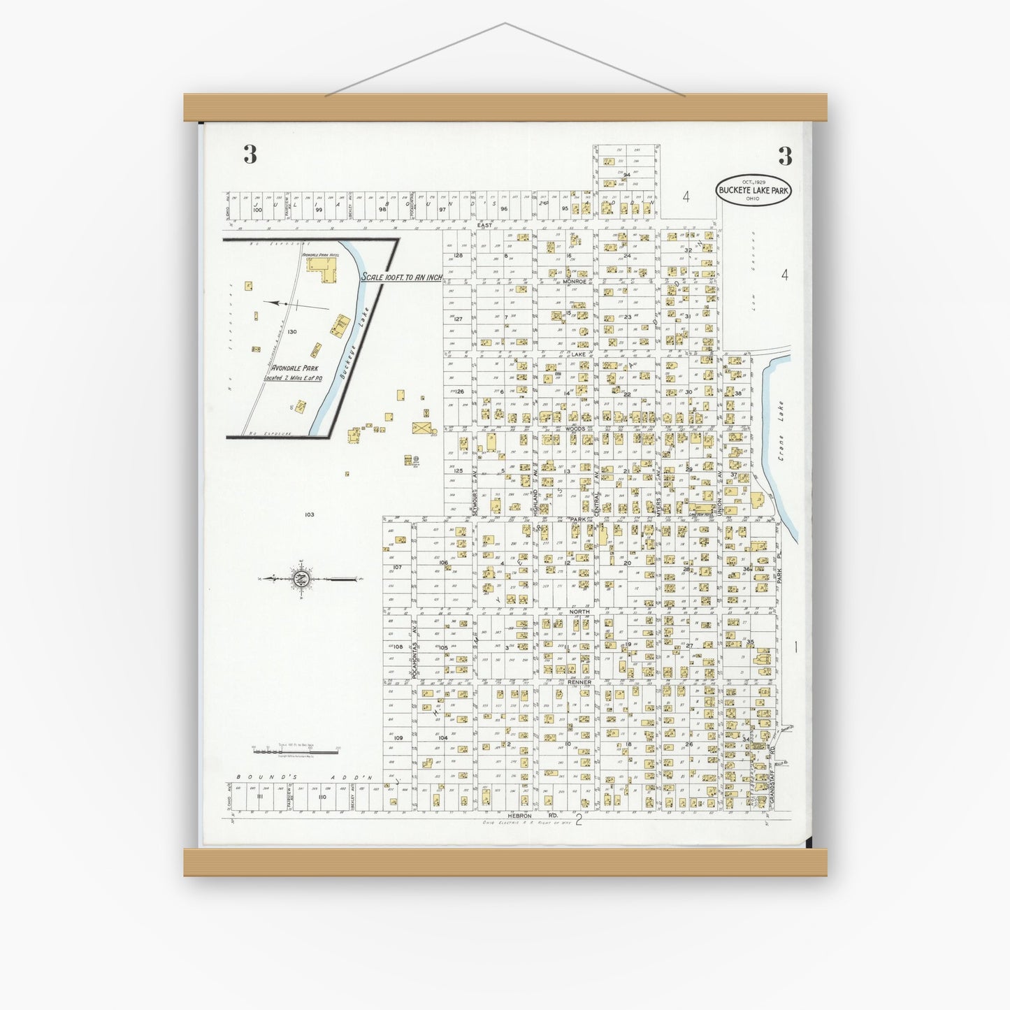 Old map wall art mockup — magnetic wood frame on white wall — Sanborn Fire Insurance Map from Buckeye Lake, Licking County, Ohio (1929), Sheet #0003