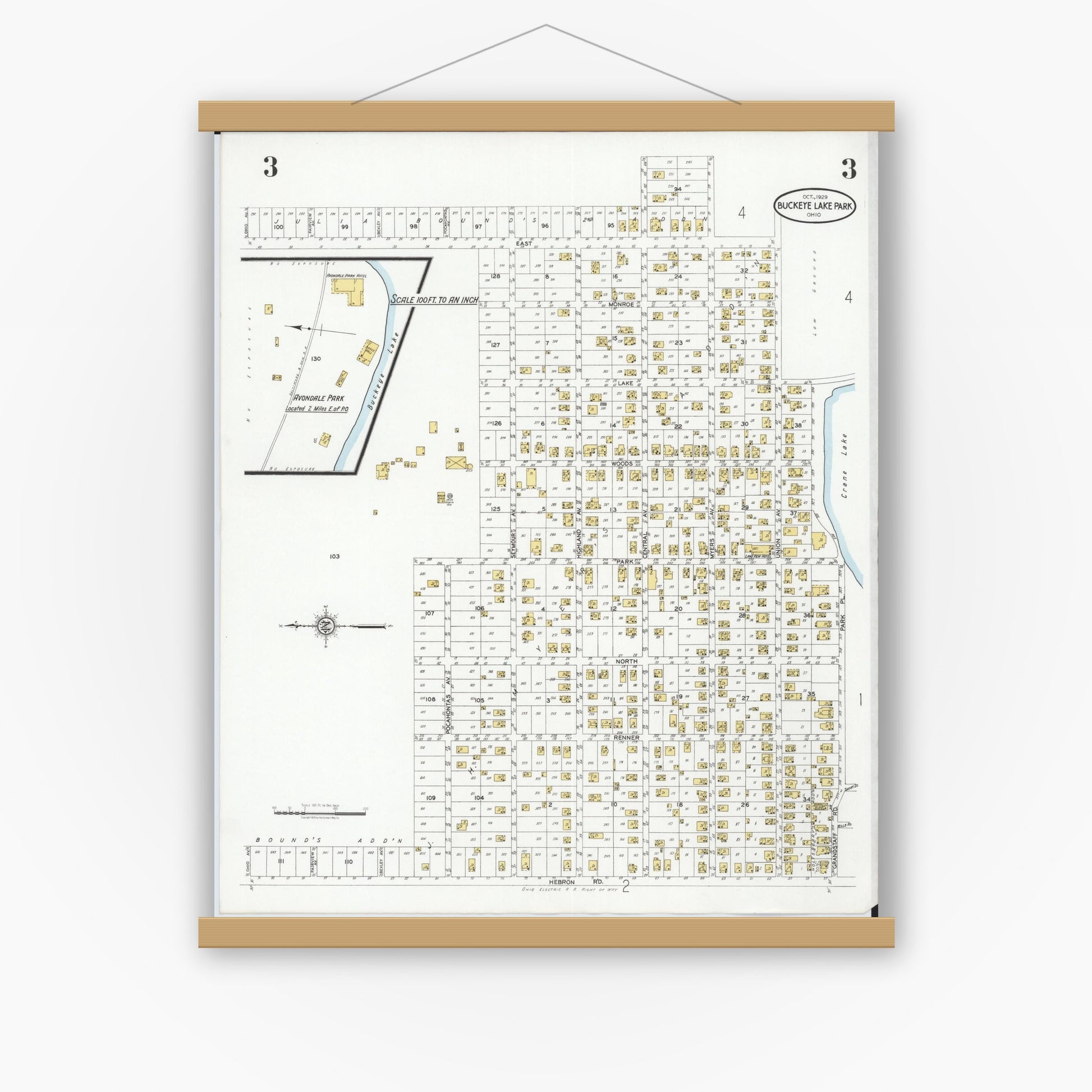 Old map wall art mockup — magnetic wood frame on white wall — Sanborn Fire Insurance Map from Buckeye Lake, Licking County, Ohio (1929), Sheet #0003