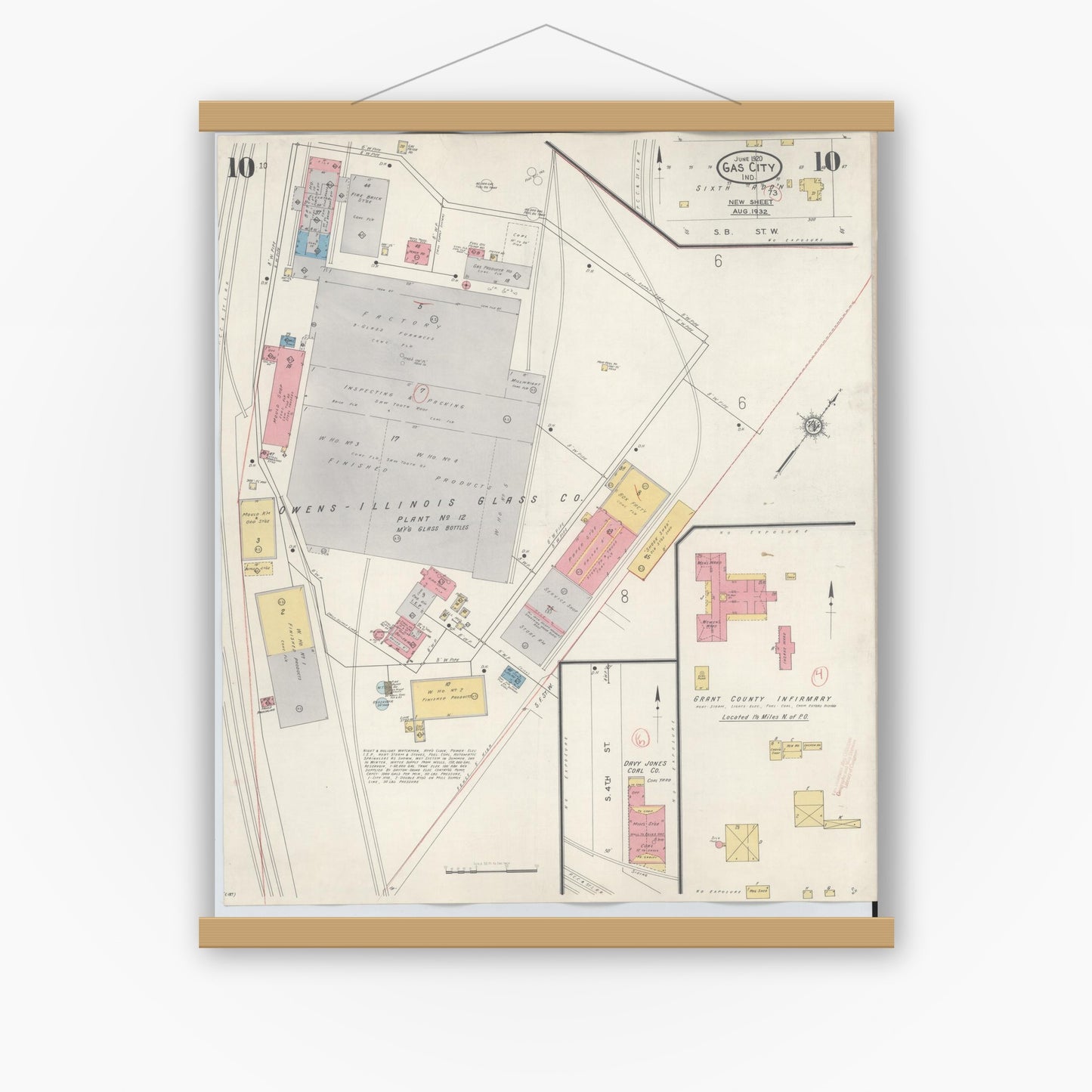Old map wall art mockup — magnetic wood frame on white wall — Sanborn Fire Insurance Map from Gas City, Grant County, Indiana (1932), Sheet #0010