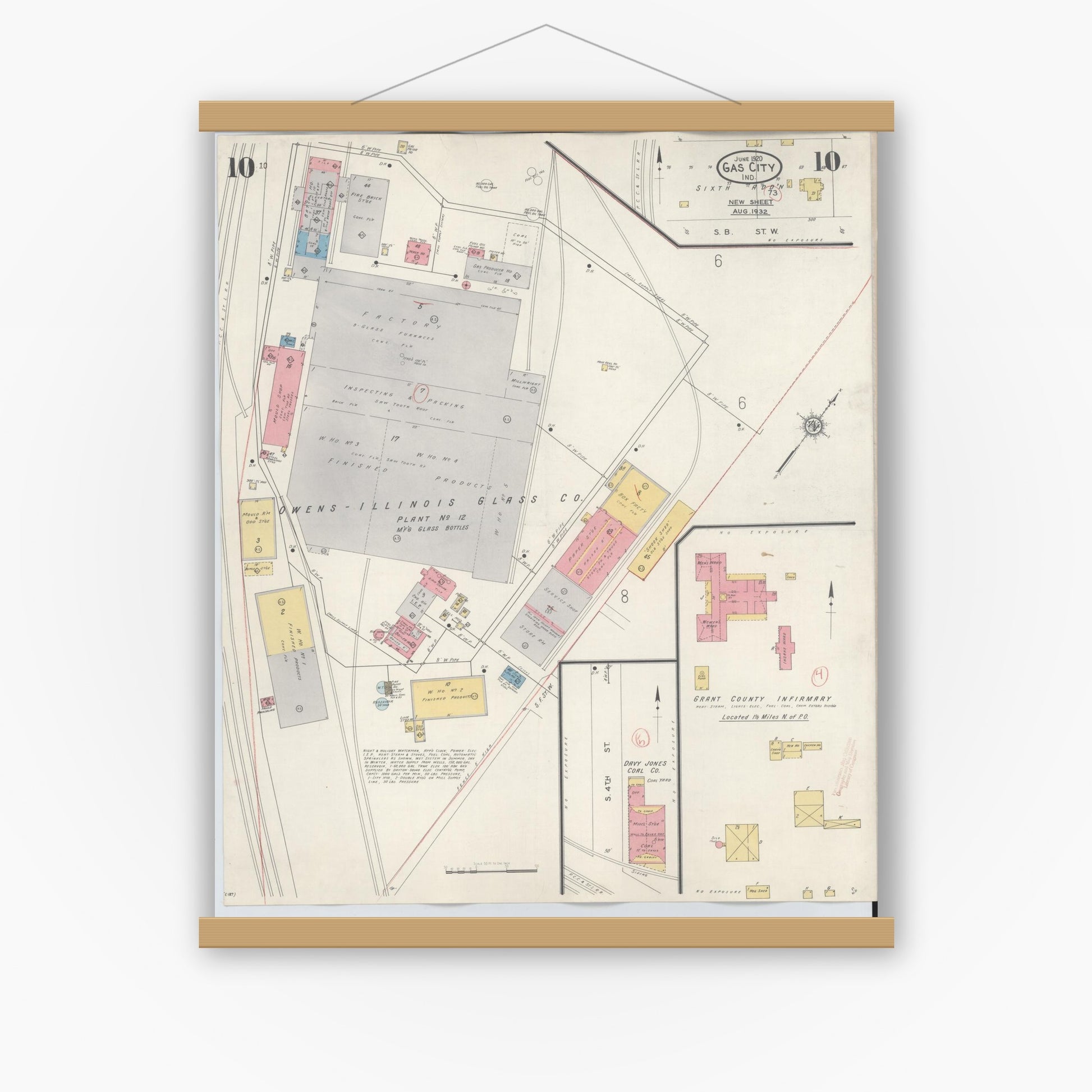 Old map wall art mockup — magnetic wood frame on white wall — Sanborn Fire Insurance Map from Gas City, Grant County, Indiana (1932), Sheet #0010