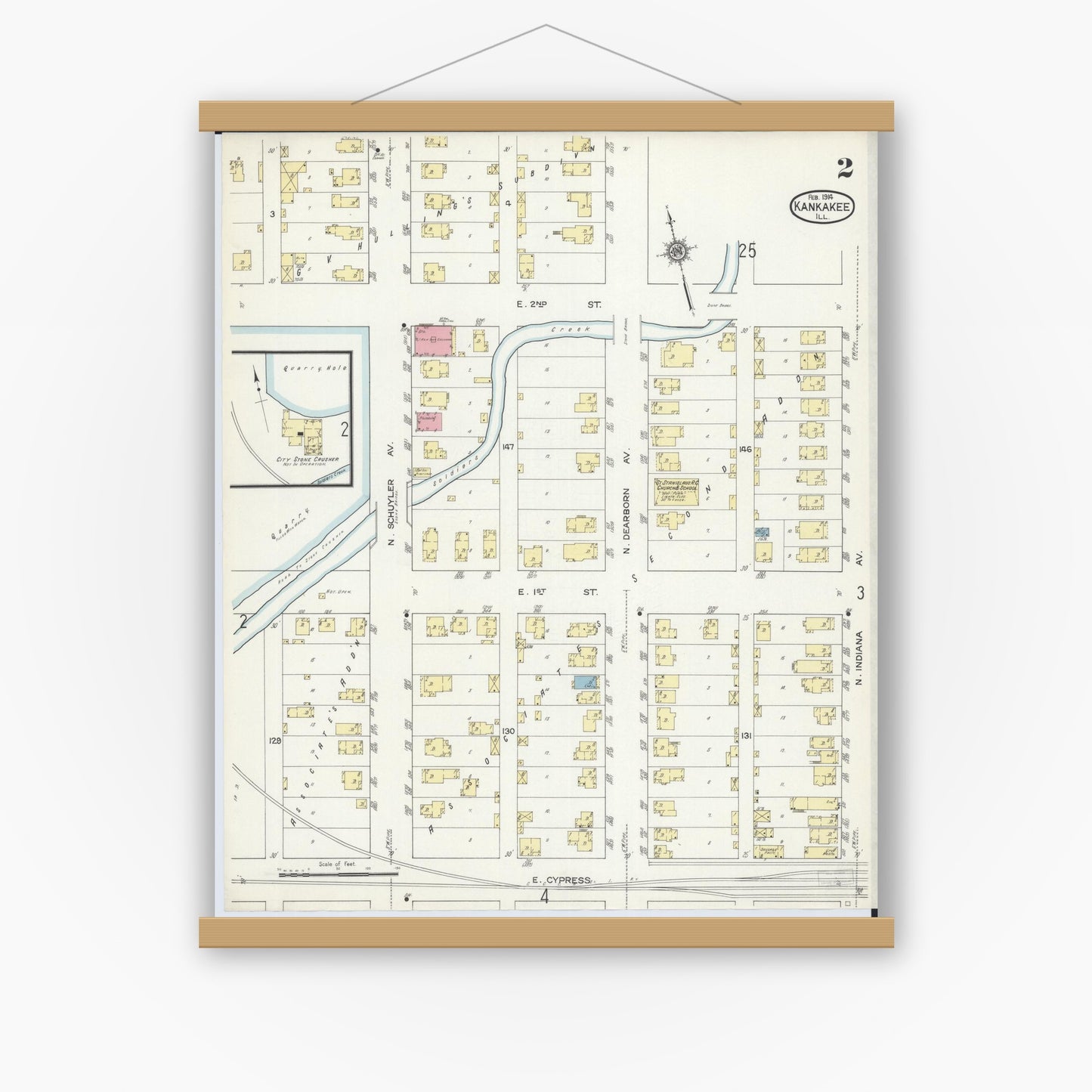 Old map wall art mockup — magnetic wood frame on white wall — Sanborn Fire Insurance Map from Kankakee, Kankakee County, Illinois (1914), Sheet #0002
