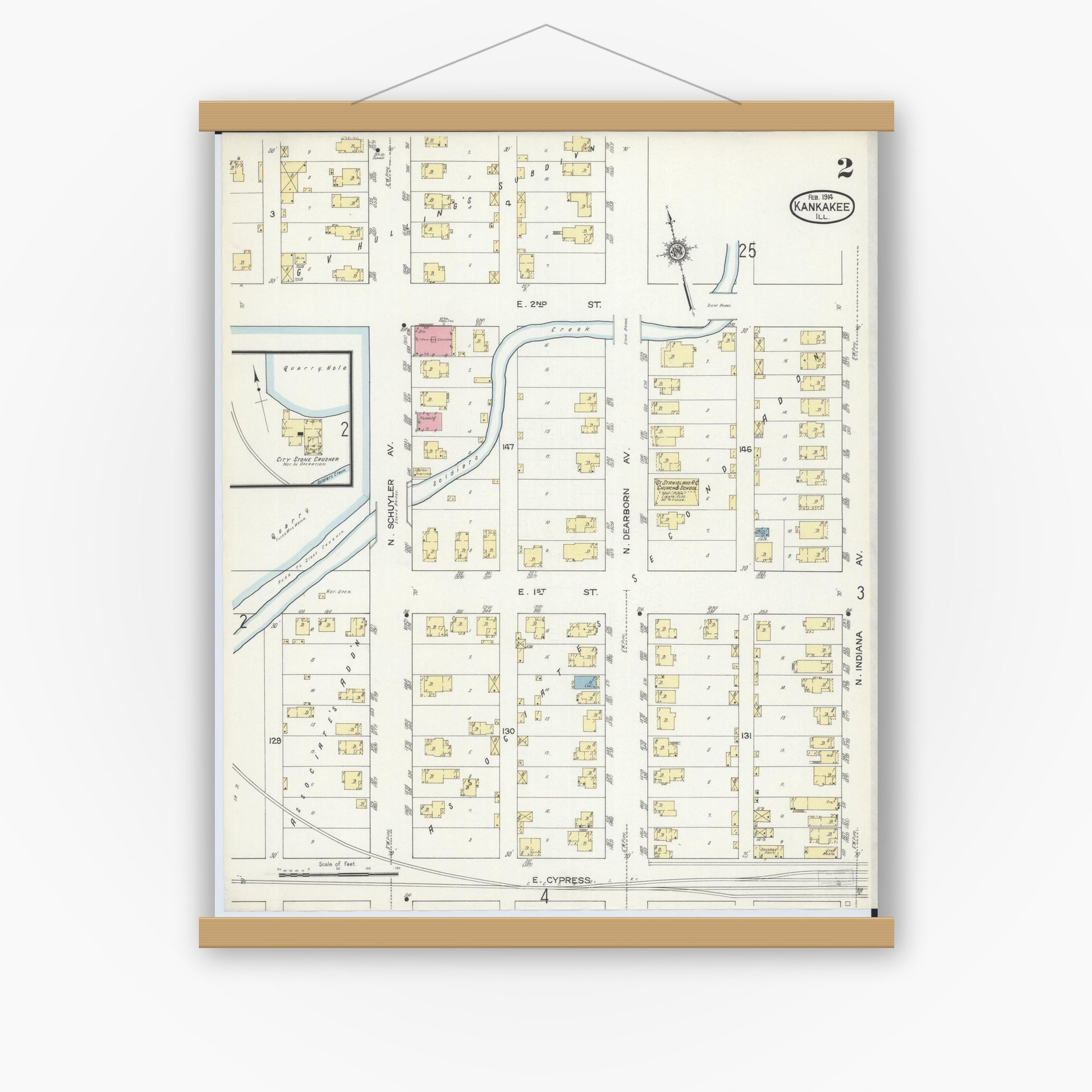Old map wall art mockup — magnetic wood frame on white wall — Sanborn Fire Insurance Map from Kankakee, Kankakee County, Illinois (1914), Sheet #0002