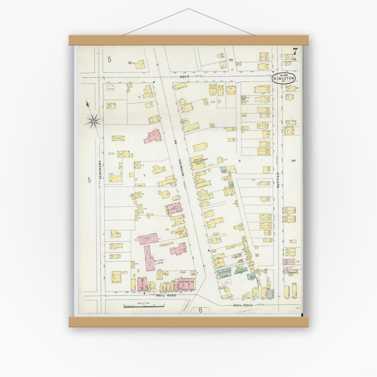 Old map wall art mockup — magnetic wood frame on white wall — Sanborn Fire Insurance Map from Kingston, Luzerne County, Pennsylvania (1896), Sheet #0007