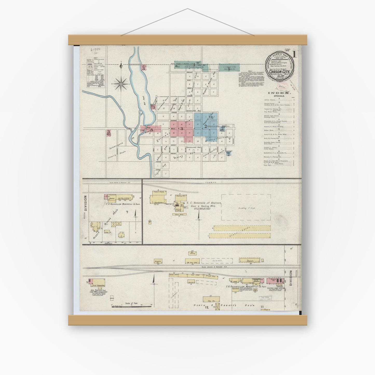 Old map wall art mockup — magnetic wood frame on white wall — Sanborn Fire Insurance Map from Carson City, Montcalm County, Michigan (1894) - Complete Map Set