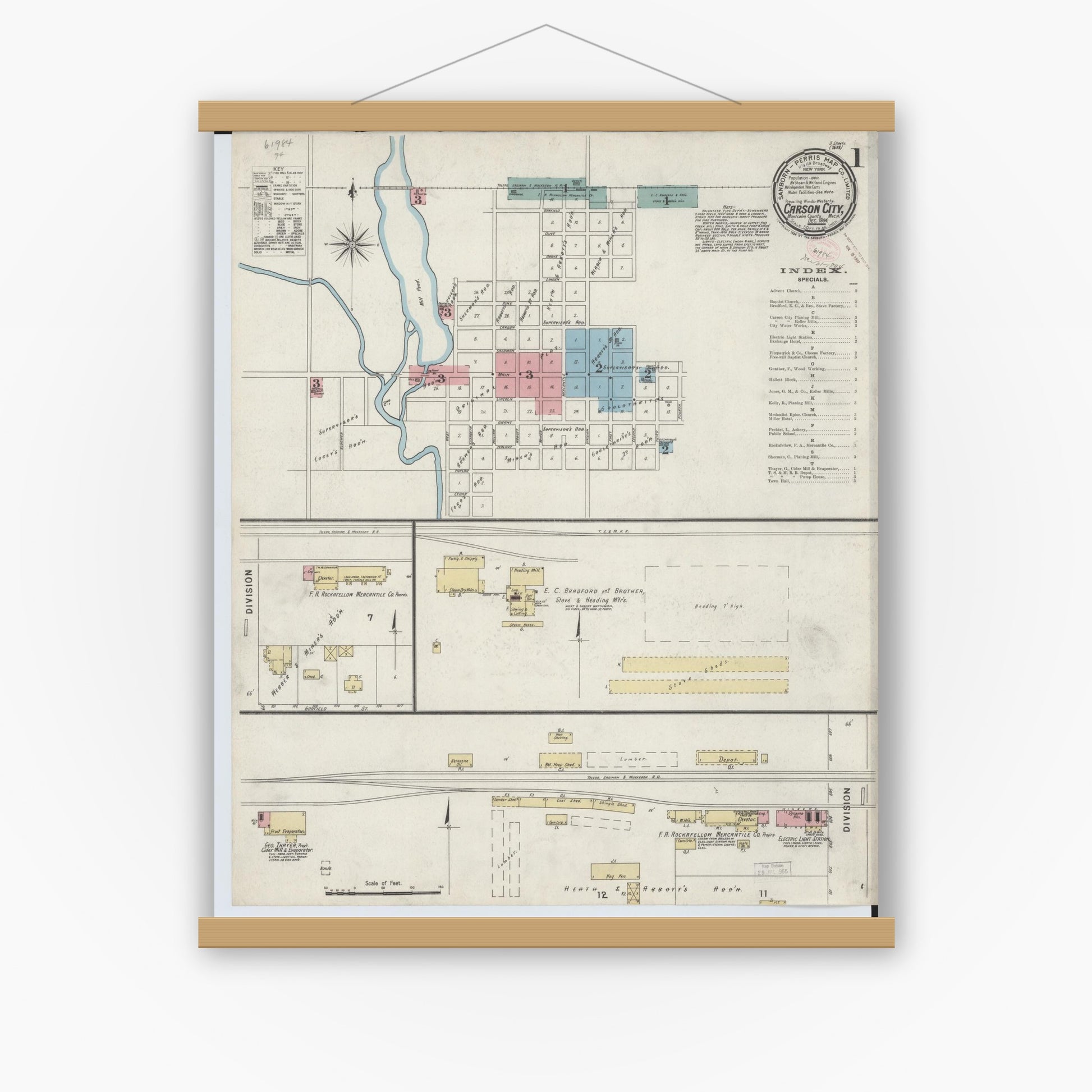 Old map wall art mockup — magnetic wood frame on white wall — Sanborn Fire Insurance Map from Carson City, Montcalm County, Michigan (1894) - Complete Map Set