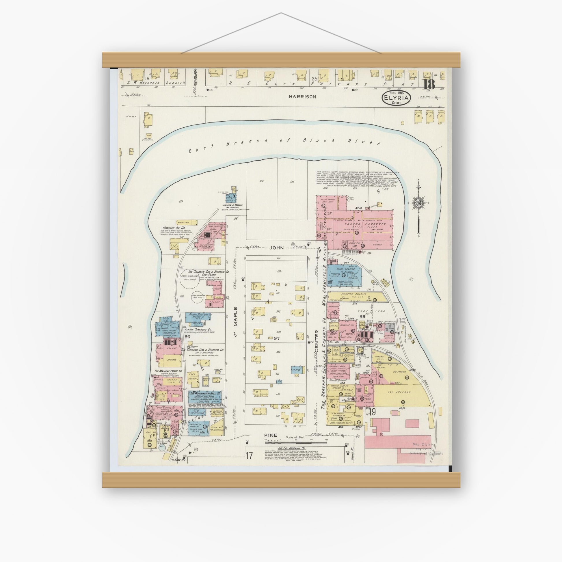 Old map wall art mockup — magnetic wood frame on white wall — Sanborn Fire Insurance Map from Elyria, Lorain County, Ohio (1915), Sheet #0018