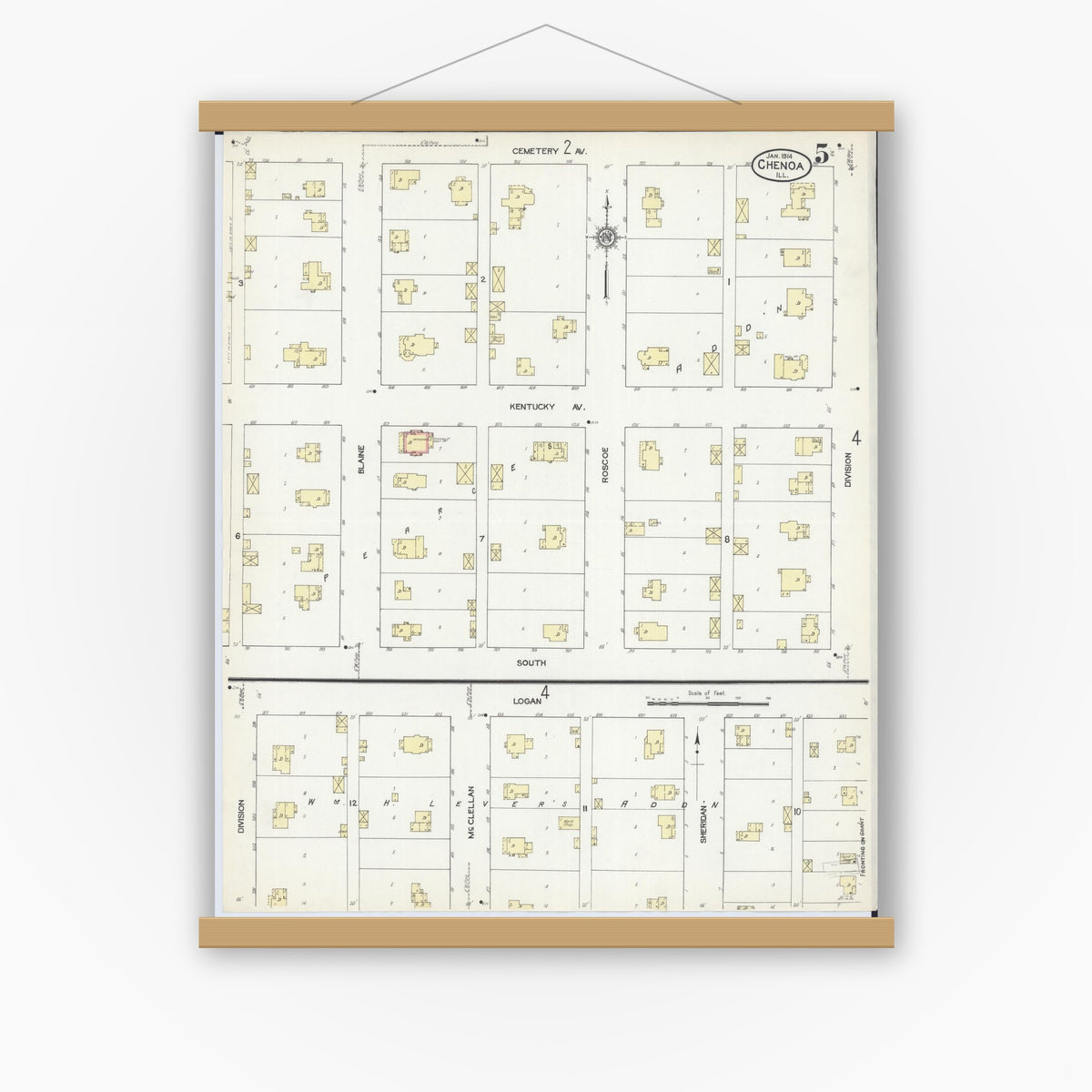 Old map wall art mockup — magnetic wood frame on white wall — Sanborn Fire Insurance Map from Chenoa, McLean County, Illinois (1914), Sheet #0005