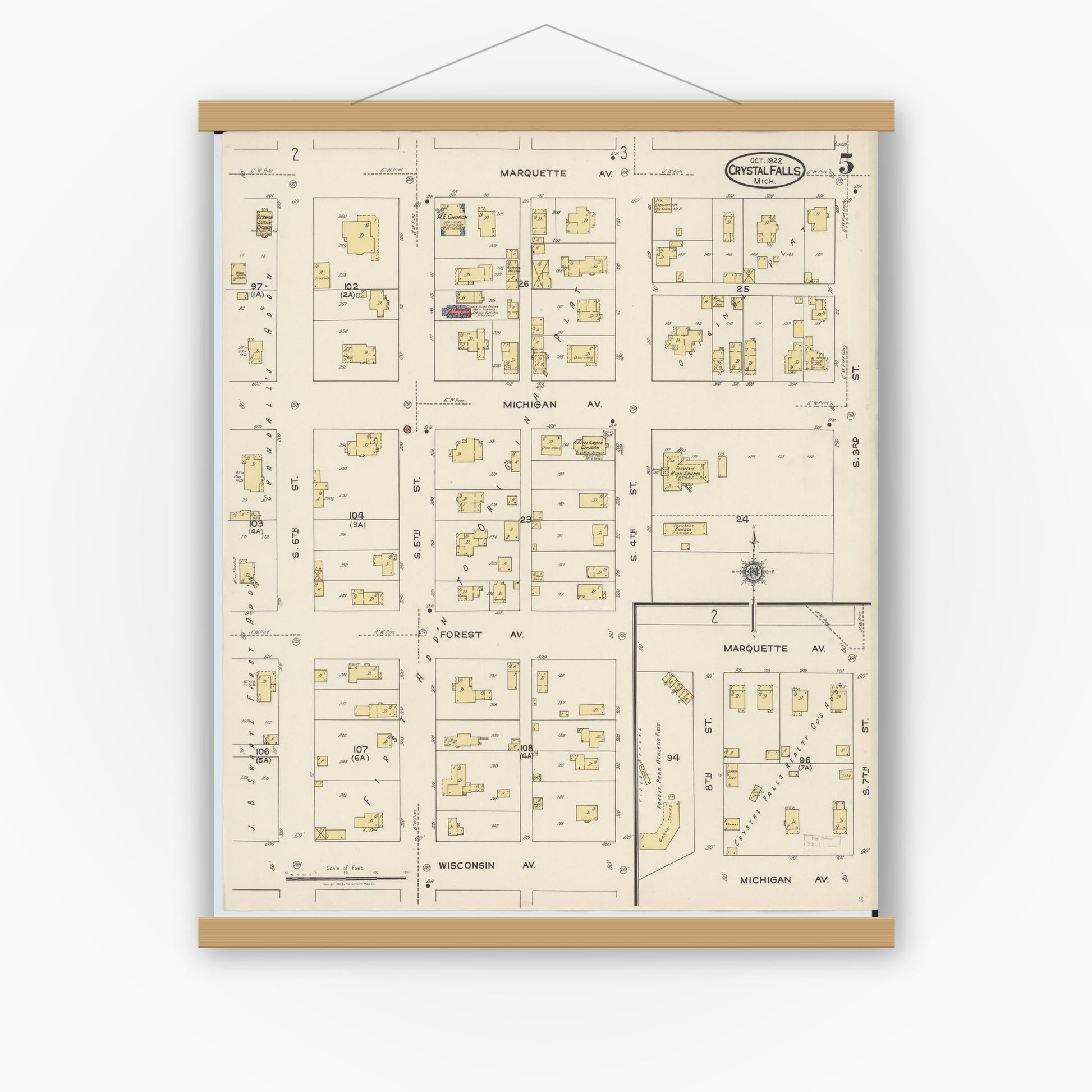 Old map wall art mockup — magnetic wood frame on white wall — Sanborn Fire Insurance Map from Crystal Falls, Iron County, Michigan (1922), Sheet #0005