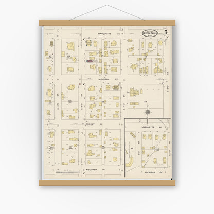 Old map wall art mockup — magnetic wood frame on white wall — Sanborn Fire Insurance Map from Crystal Falls, Iron County, Michigan (1922), Sheet #0005