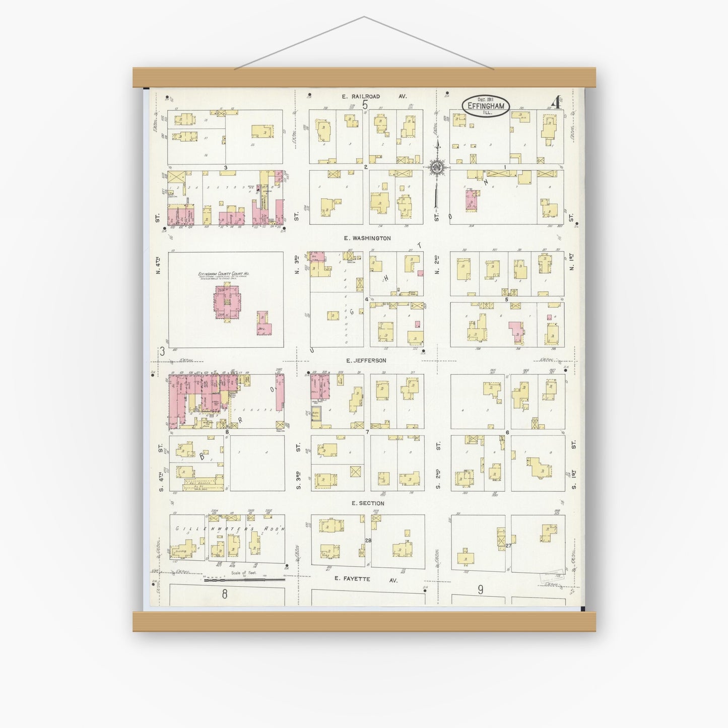 Old map wall art mockup — magnetic wood frame on white wall — Sanborn Fire Insurance Map from Effingham, Effingham County, Illinois (1911), Sheet #0004