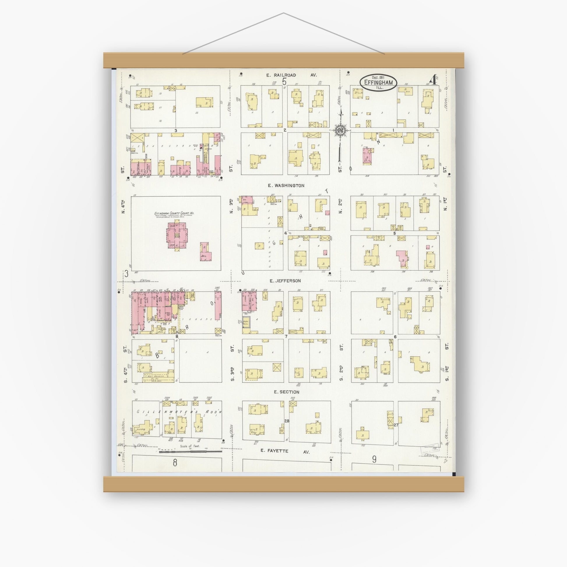 Old map wall art mockup — magnetic wood frame on white wall — Sanborn Fire Insurance Map from Effingham, Effingham County, Illinois (1911), Sheet #0004