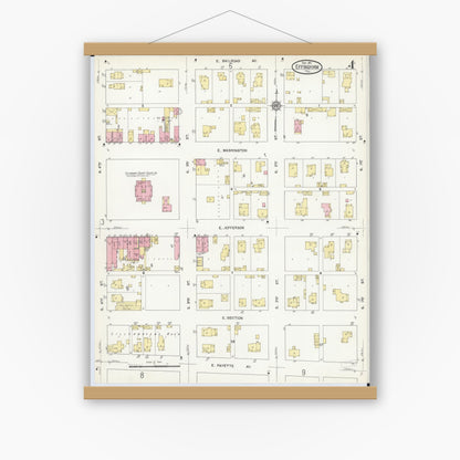 Old map wall art mockup — magnetic wood frame on white wall — Sanborn Fire Insurance Map from Effingham, Effingham County, Illinois (1911), Sheet #0004