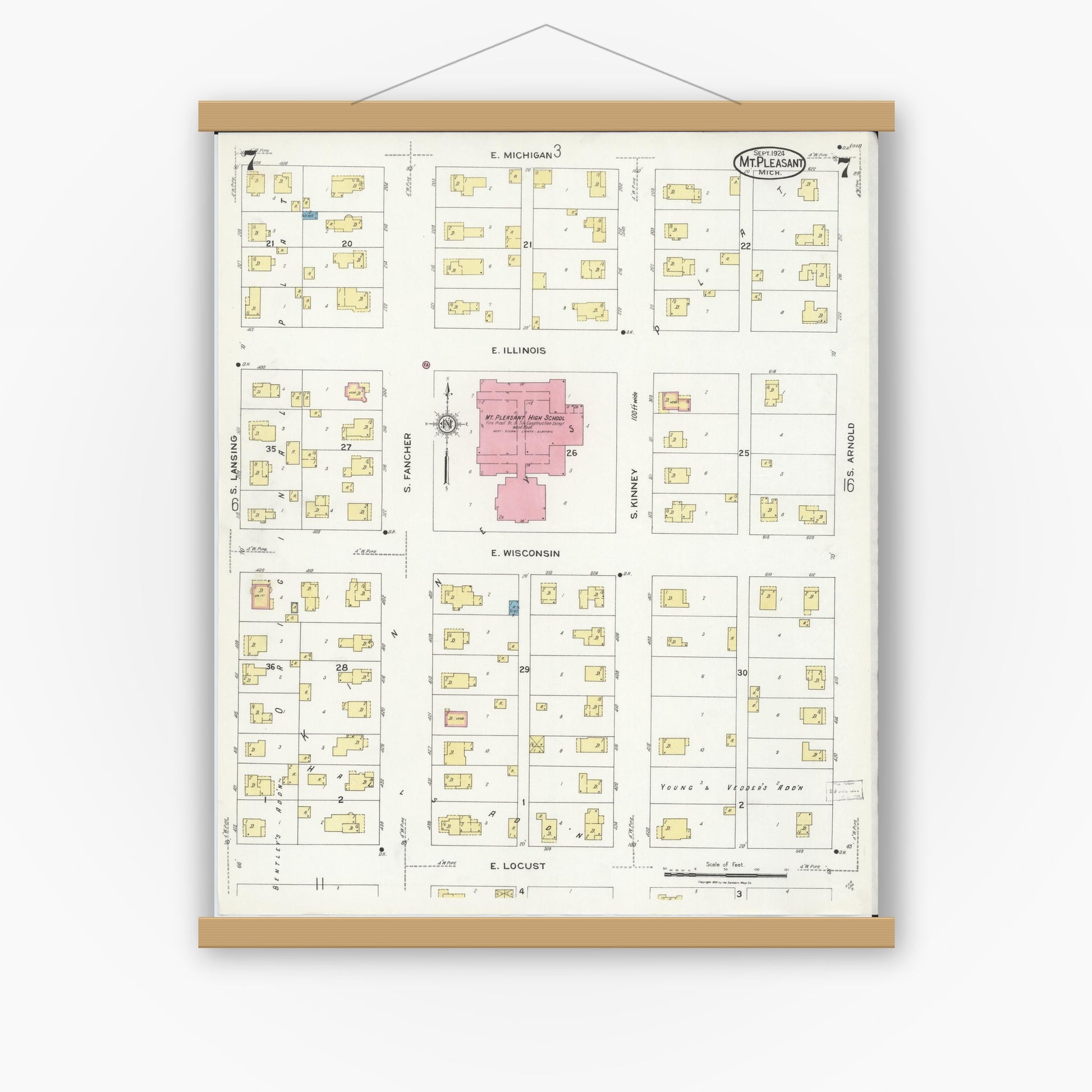 Old map wall art mockup — magnetic wood frame on white wall — Sanborn Fire Insurance Map from Mount Pleasant, Isabella County, Michigan (1924), Sheet #0007