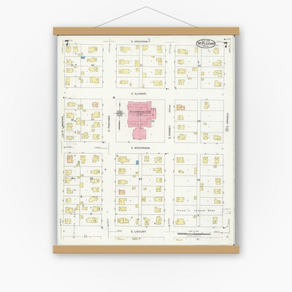 Old map wall art mockup — magnetic wood frame on white wall — Sanborn Fire Insurance Map from Mount Pleasant, Isabella County, Michigan (1924), Sheet #0007