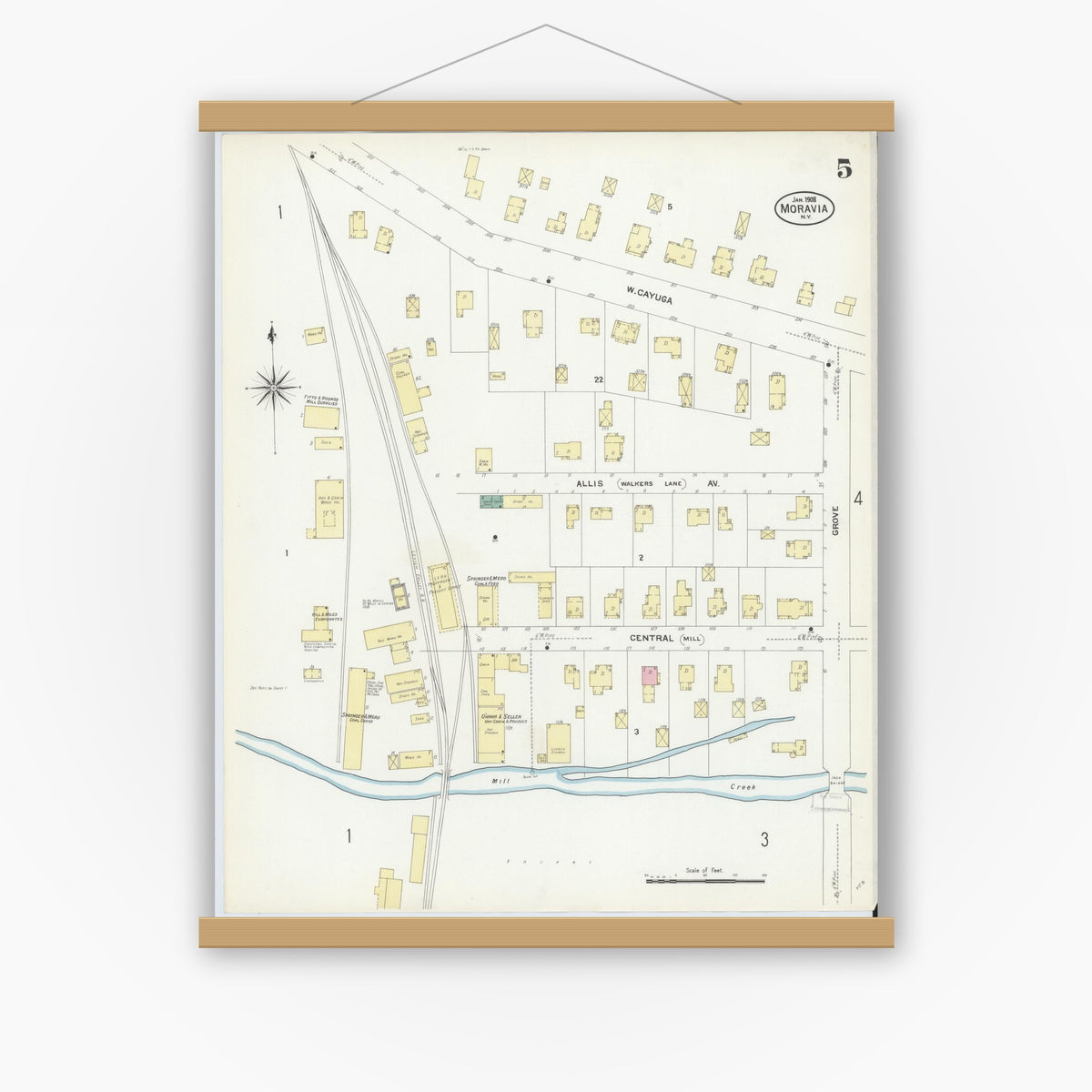 Old map wall art mockup — magnetic wood frame on white wall — Sanborn Fire Insurance Map from Moravia, Cayuga County, New York (1908), Sheet #0005