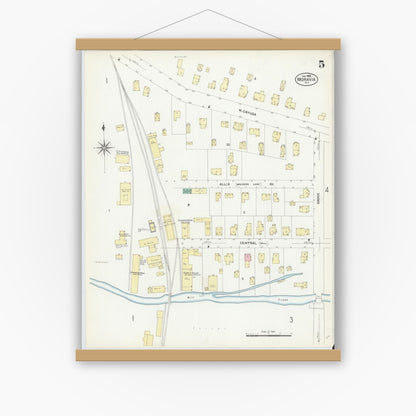 Old map wall art mockup — magnetic wood frame on white wall — Sanborn Fire Insurance Map from Moravia, Cayuga County, New York (1908), Sheet #0005