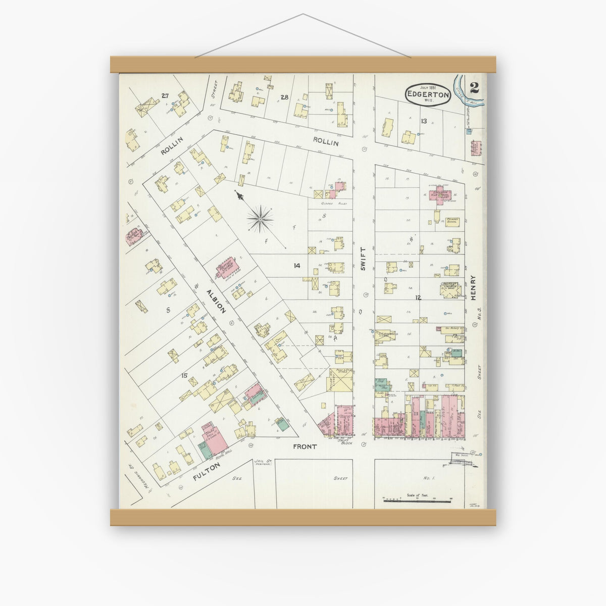 Old map wall art mockup — magnetic wood frame on white wall — Sanborn Fire Insurance Map from Edgerton, Rock County, Wisconsin (1891), Sheet #0002