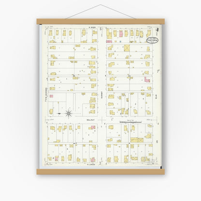 Old map wall art mockup — magnetic wood frame on white wall — Sanborn Fire Insurance Map from Fostoria, Seneca, Hancock, And Wood Counties, Ohio (1908), Sheet #0004