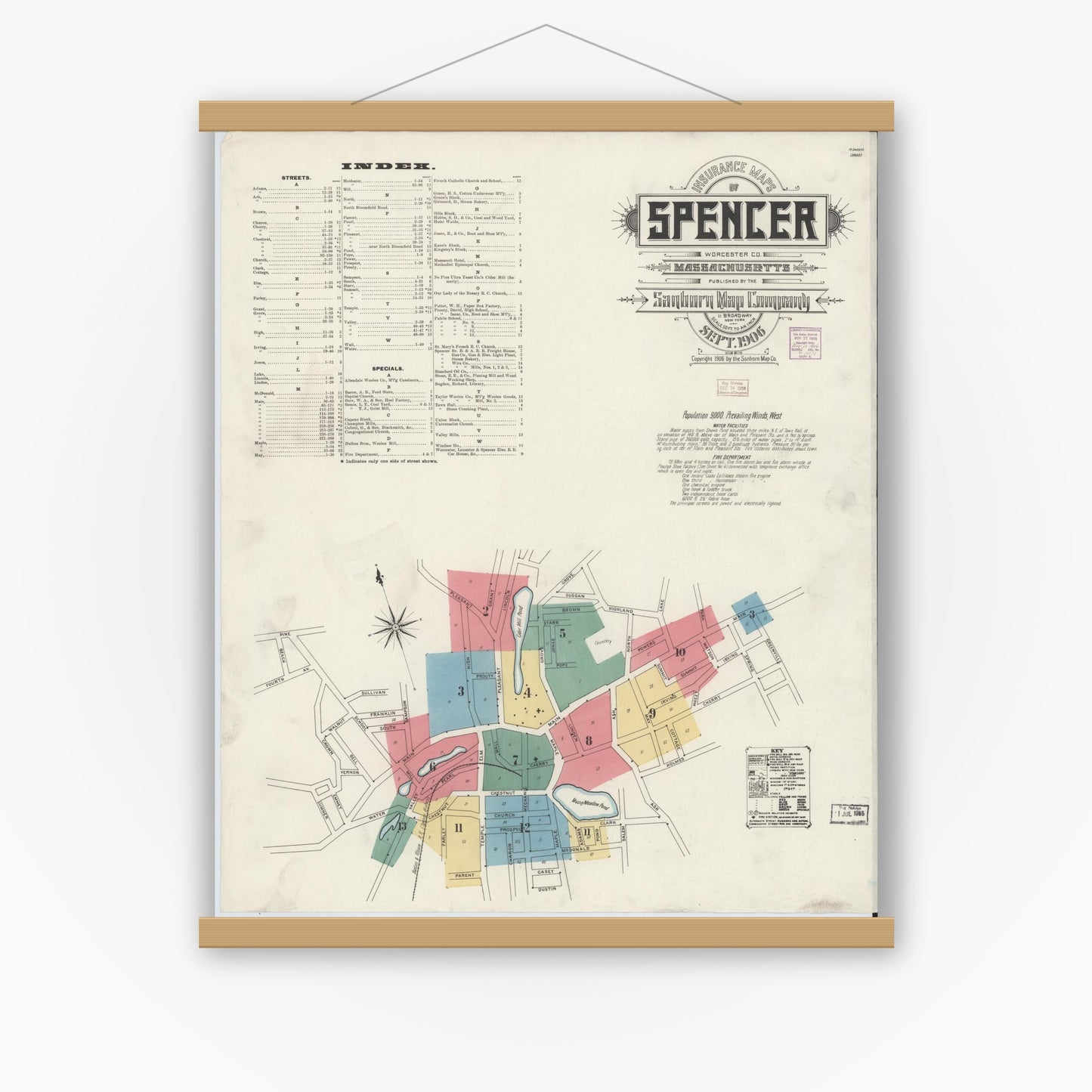 Old map wall art mockup — magnetic wood frame on white wall — Sanborn Fire Insurance Map from Spencer, Worcester County, Massachusetts (1906), Sheet #0001